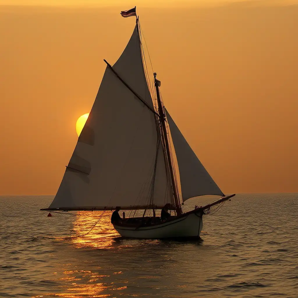 Gloucester Sloop sail boat  at sea at sunset