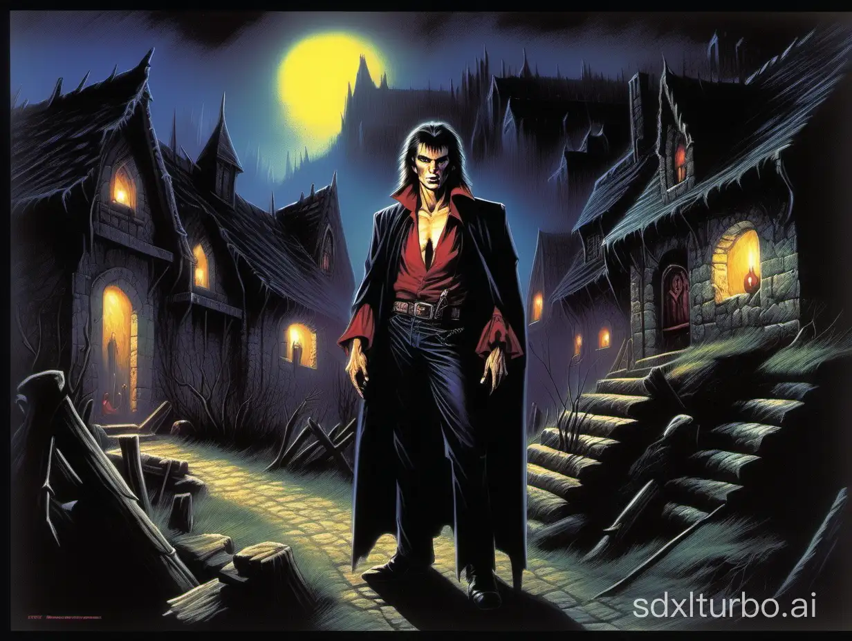 a vampire portrait, in a village at night, dark and moody atmosphere, 20bit color, 3px black border, style of 1983 Dungeons and Dragons, by Jeff Easley,