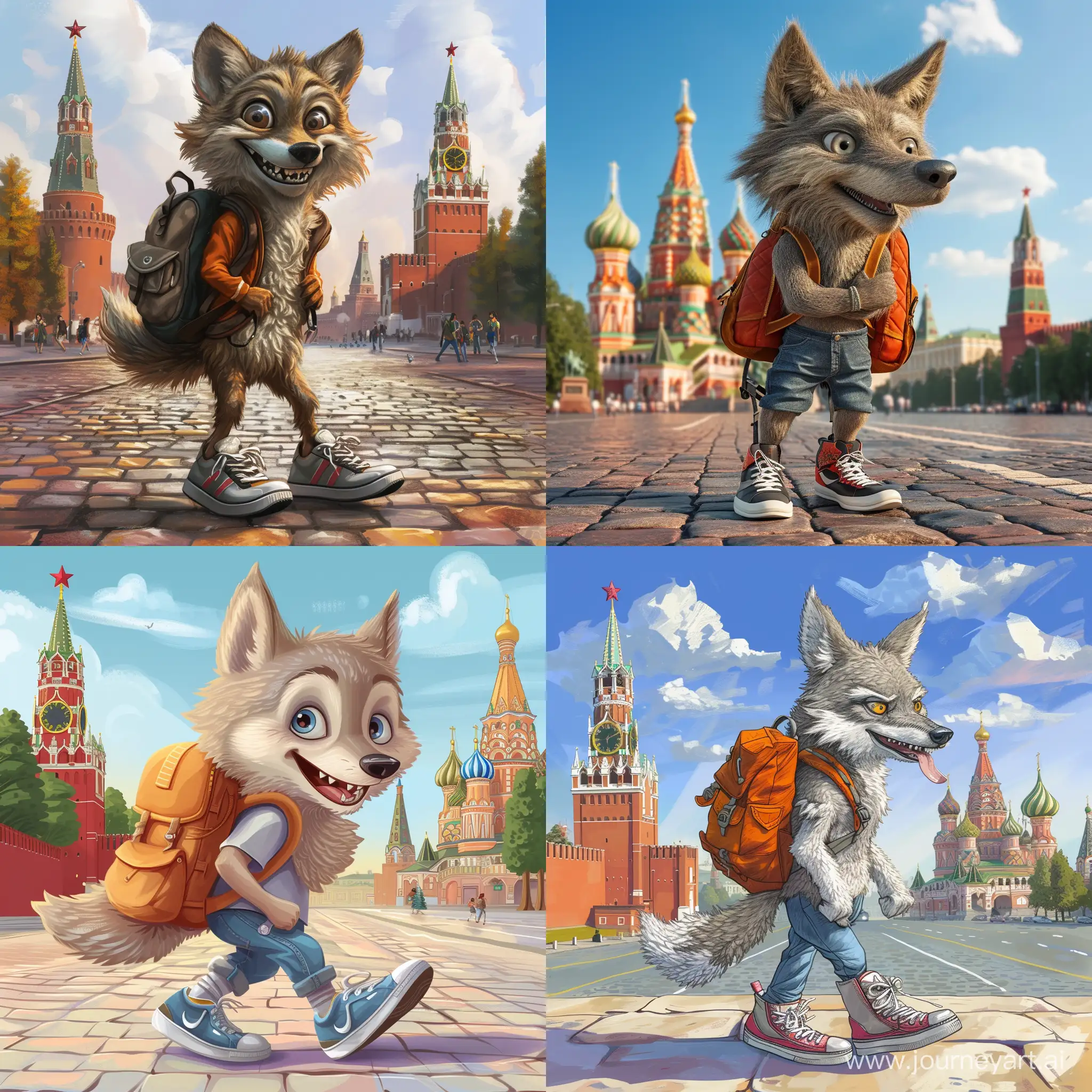 A joyful little wolf on Red Square in Moscow with a backpack and sneakers