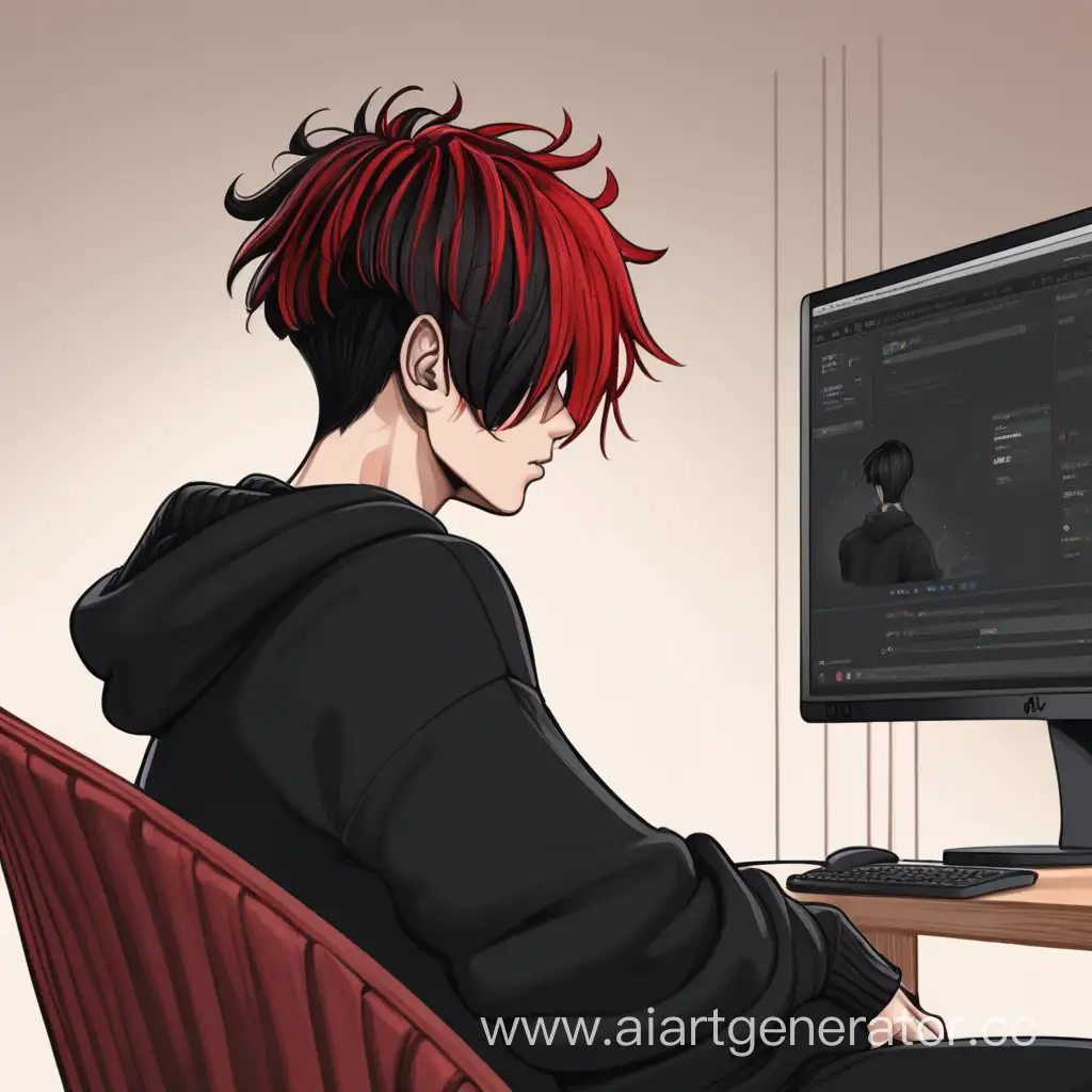 нарисованный молодой парень С Красно-чёрным волосами прической шторы,  в черном свитаре , сидит на кресле смотря в монитор 