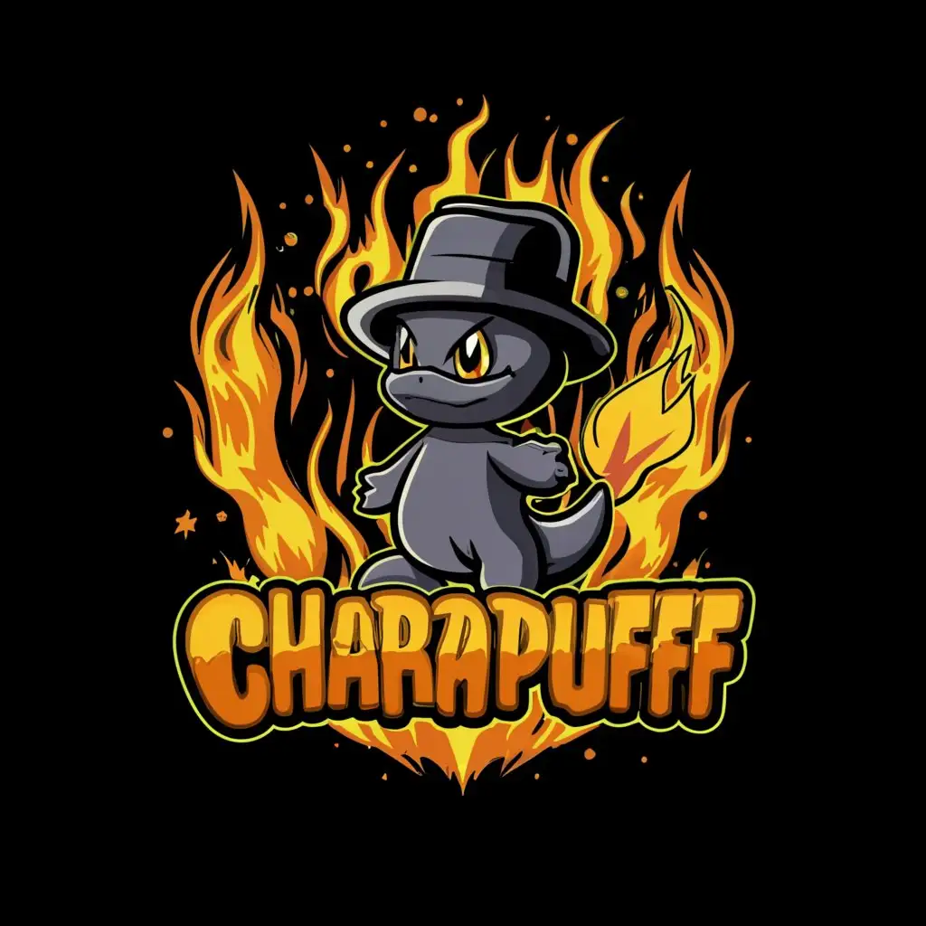 a logo design,with the text "CharPuff", main symbol:Create a logo that shows Charmander in the middle of a marijuana field while lighting a joint with its tail. He wears a black hat and a necklace with his name made of solid gold. Everything is very shady and dark, the character is a hardened criminal with packages to ship in the background.,complex,be used in Internet industry,clear background