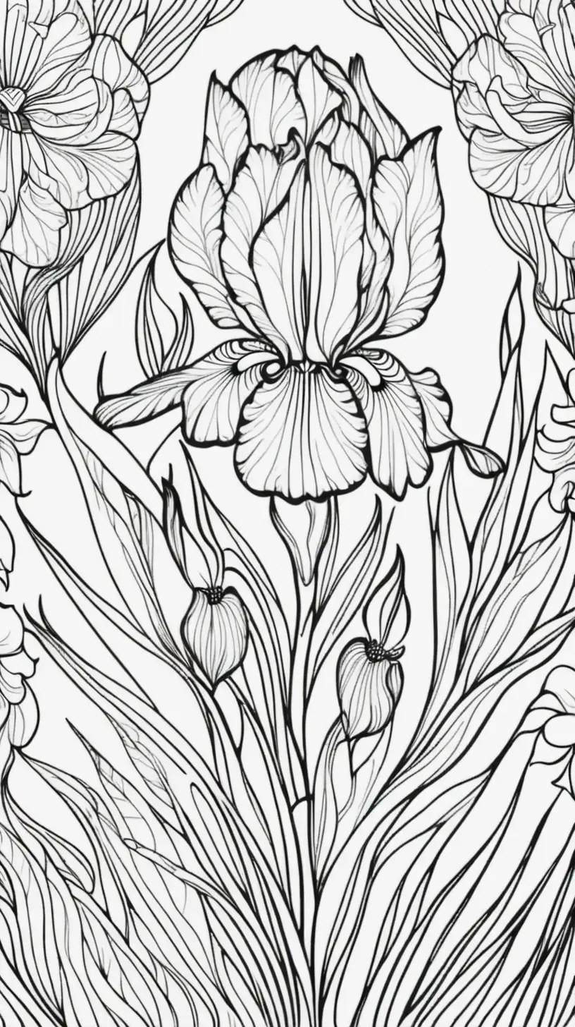 coloring book image, thin black lines, patterned floral mandala pattern, iris