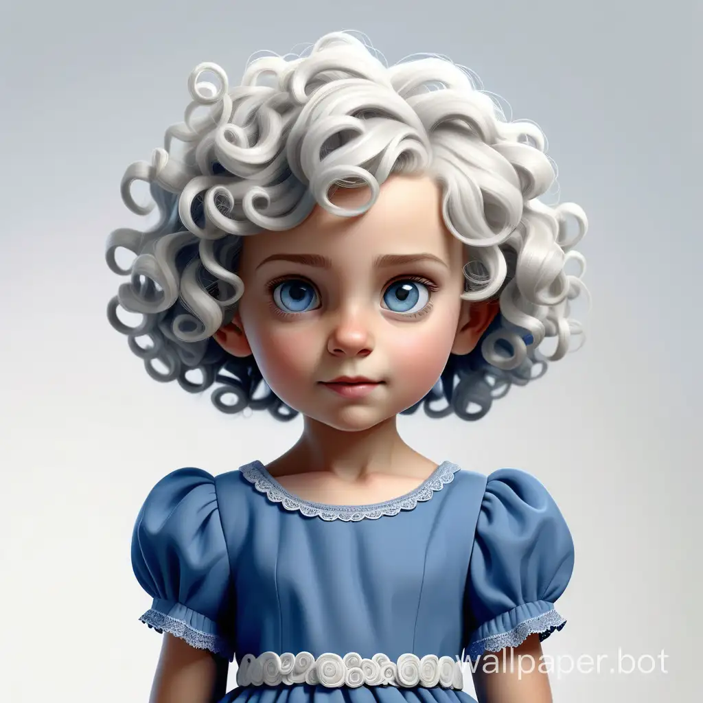 White background. Realistic 5-year-old girl. White curly short hair. In a blue dress. Full-length. High detail, high quality. Sharp, clear focus.