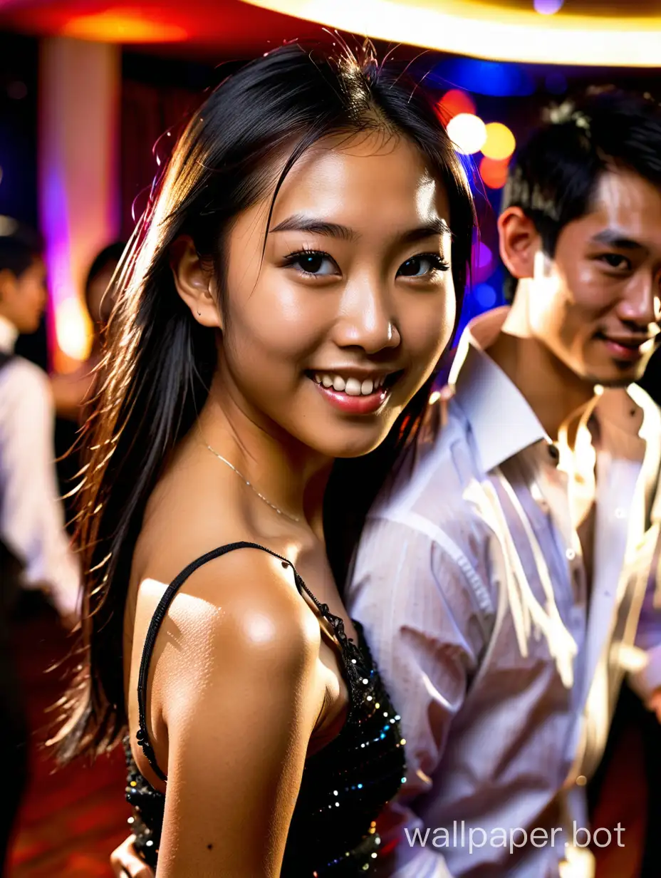 A detailed photograph of a beautiful 25 year old asian girl with straight hair, looking directly at the camera with a gentle smile, , slim face, she is salsa dancing with a male partner on the dancefloor