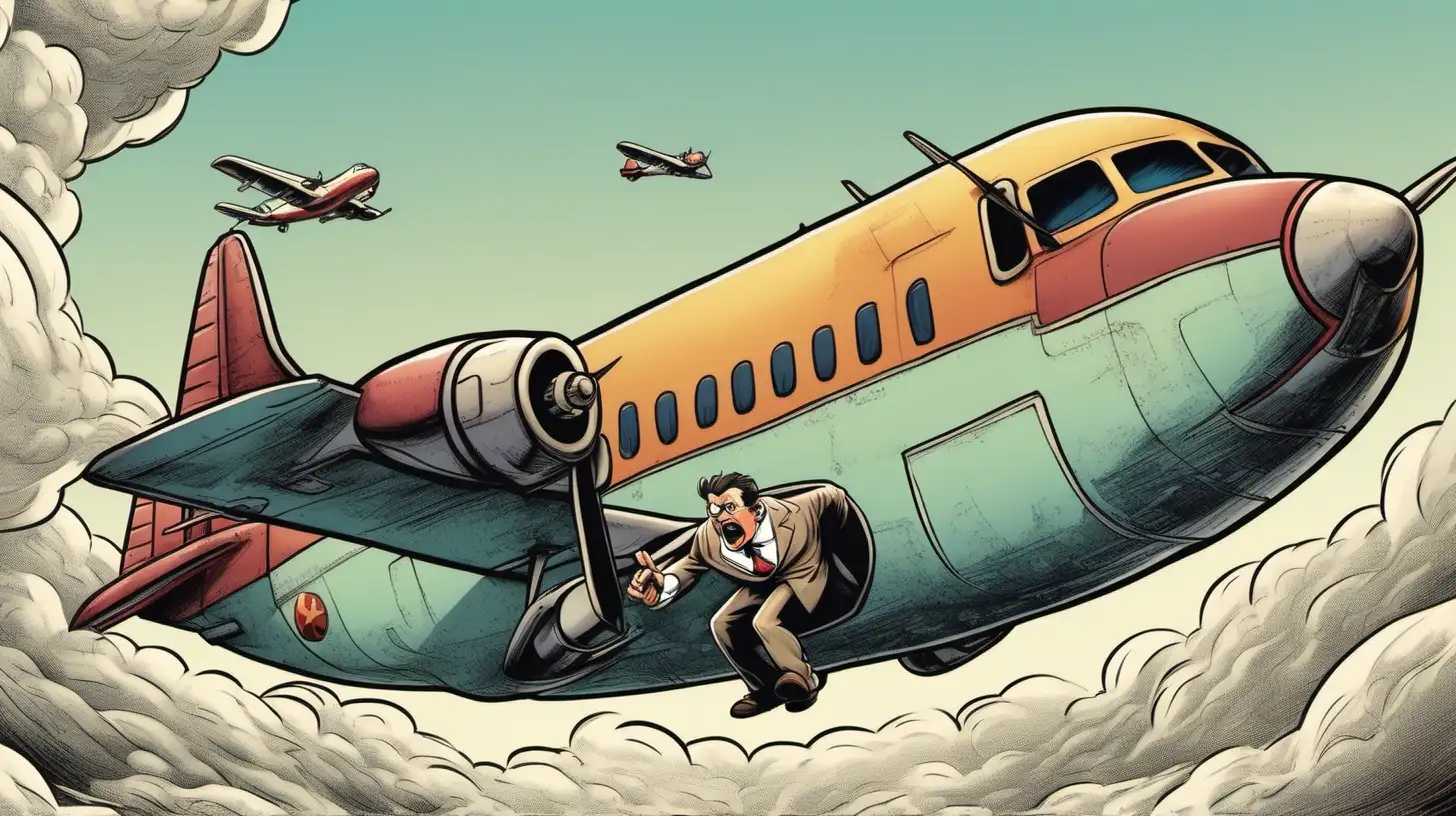Colorful Cartoony Scene Angry Man Screaming from Prop Airplane