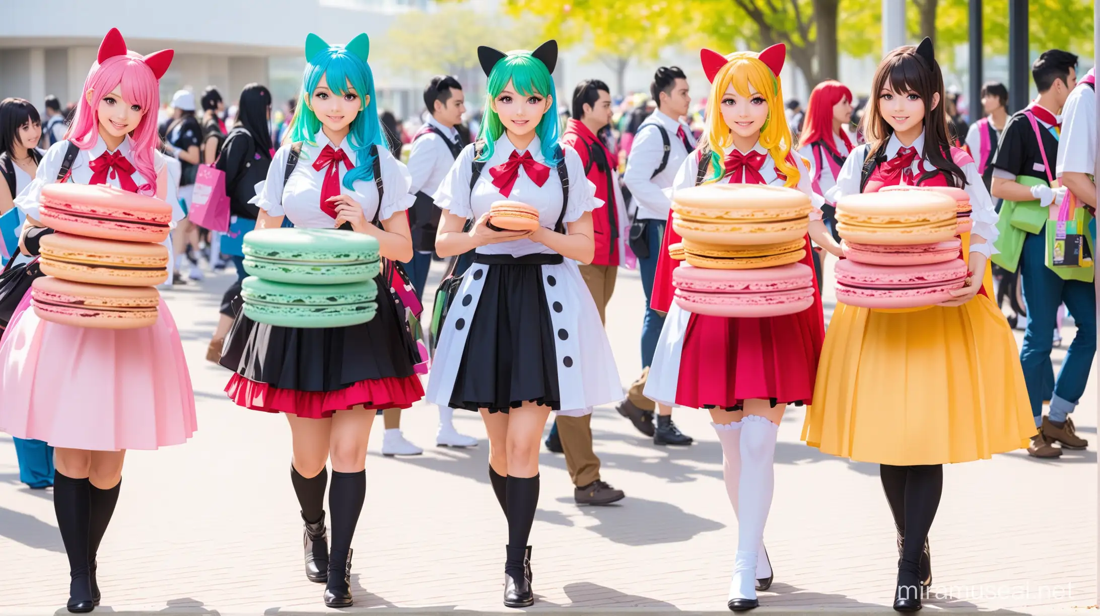 cosplayers at an anime convention walking around with cute boxes of colorful macarons