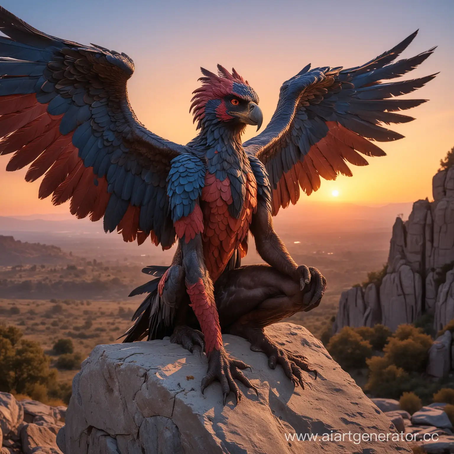 Cunning-Harpy-Man-Perched-on-Stone-at-Sunset