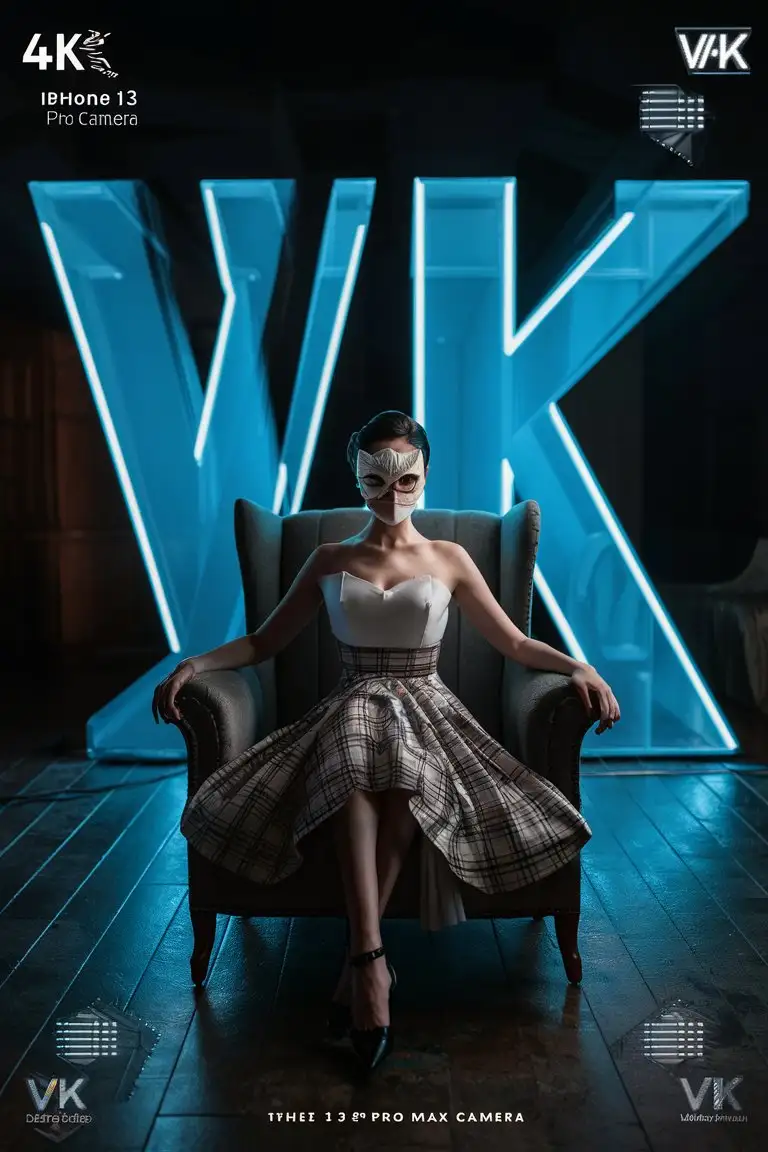 Professional photography, a shot from a movie, a woman in aplaid skirt, fabric mask covering ,  who is sitting in an armchair in the middle of a black room, the photo was taken in a black room, neon blue large letters "VK" in the background, a photo in motion, a photo with a VHS effect, the photo was taken indoors on a black background, real photo, very beautiful frame, photo with beautiful lighting, 4K, very detailed photo, enlarged photo, cinematic photo, very realistic photography, still photography, night photography, photo taken with Iphone 13 Pro Max camera, close-up, Ultra HD resolution photography