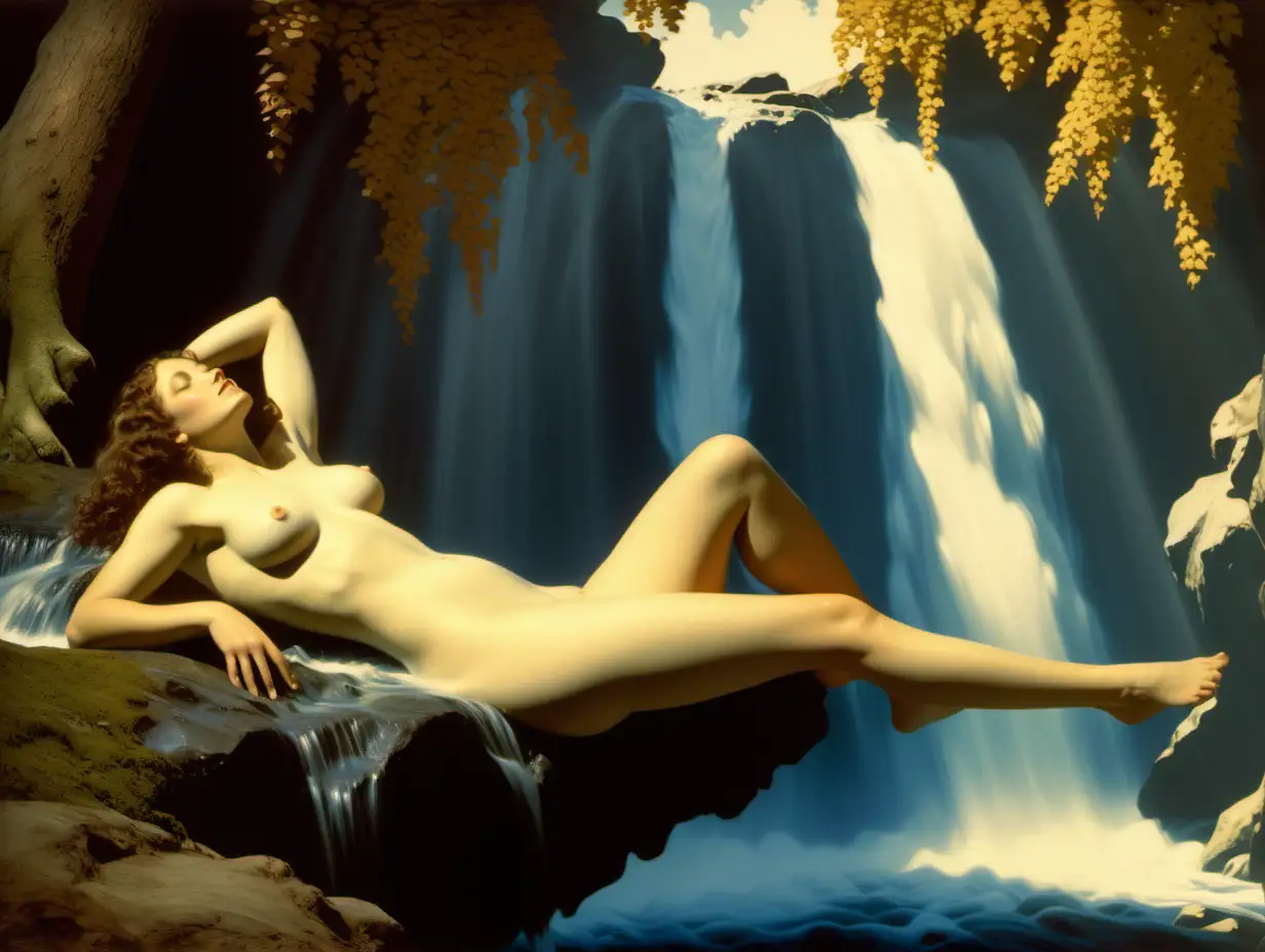 Serene Nude Woman Embraced by Enchanted Waterfall in Maxfield Parrish Style
