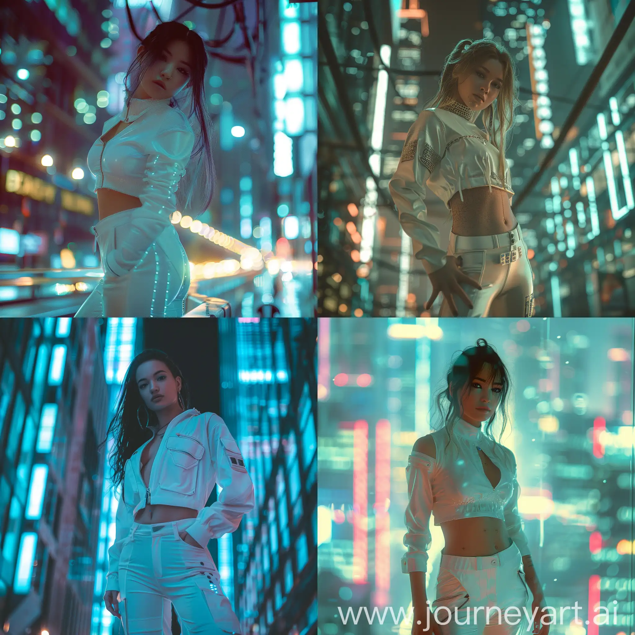 a photo of a cyberpunk woman standing in a cyber city, wearing a white outfit, soft lighting, style raw posted on reddit in 2019, environment, photograph Chicago city, nighttime, close up. looking at the viewer, posing,