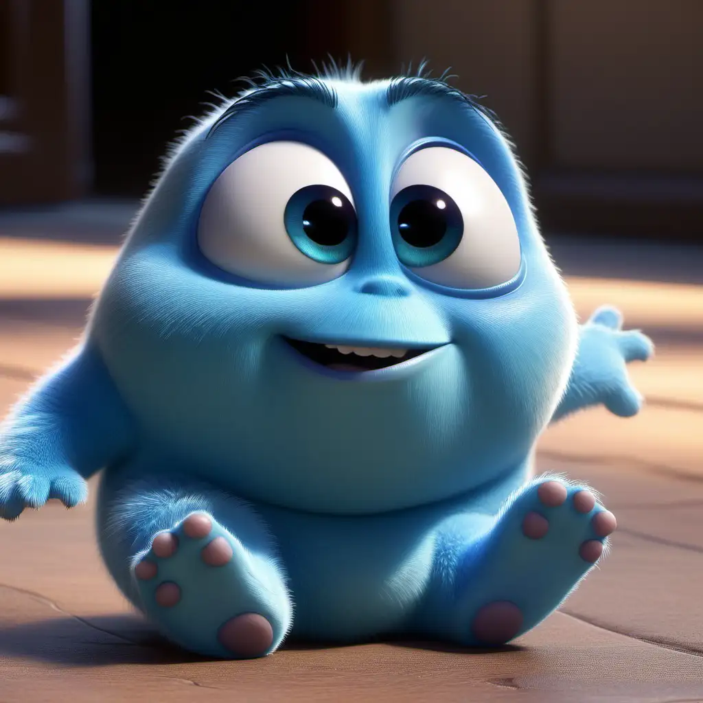 Adorable Baby Blue Pixar Character in Playful Scene