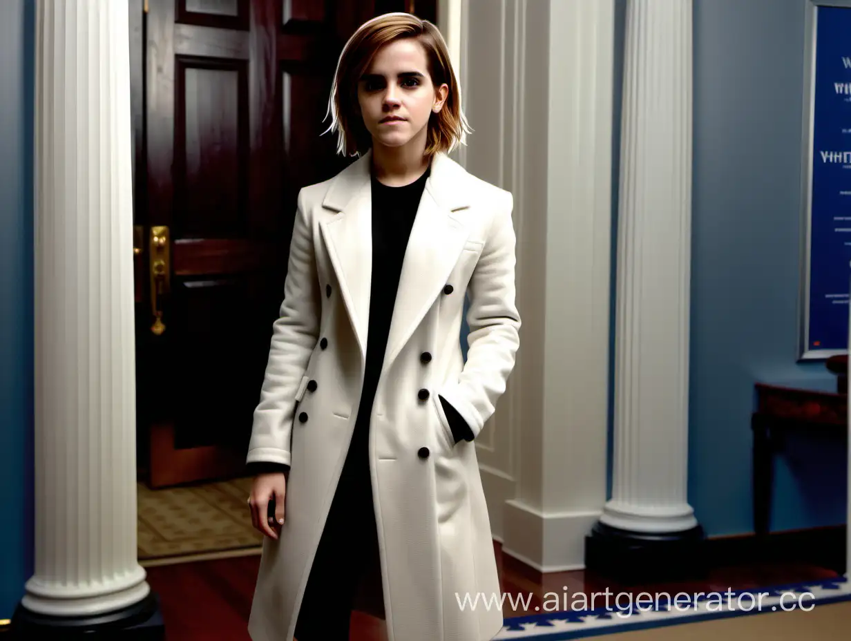 (((Emma Watson standing  in the white house open coat))), full body, slutty Russian art, billboards, grainy, realistic, hyperrealistic, very realistic, very very realistic, highly detailed, very detailed, extremely detailed, detailed, digital art, trending on artstation, detailed face, very detailed face, very detailed face, realism, HD Quality, 8k resolution, intricate details, colorized photograph, colorized photo. Sharp focus,, beautiful, female, ultrarealistic, soft lighting, 8k