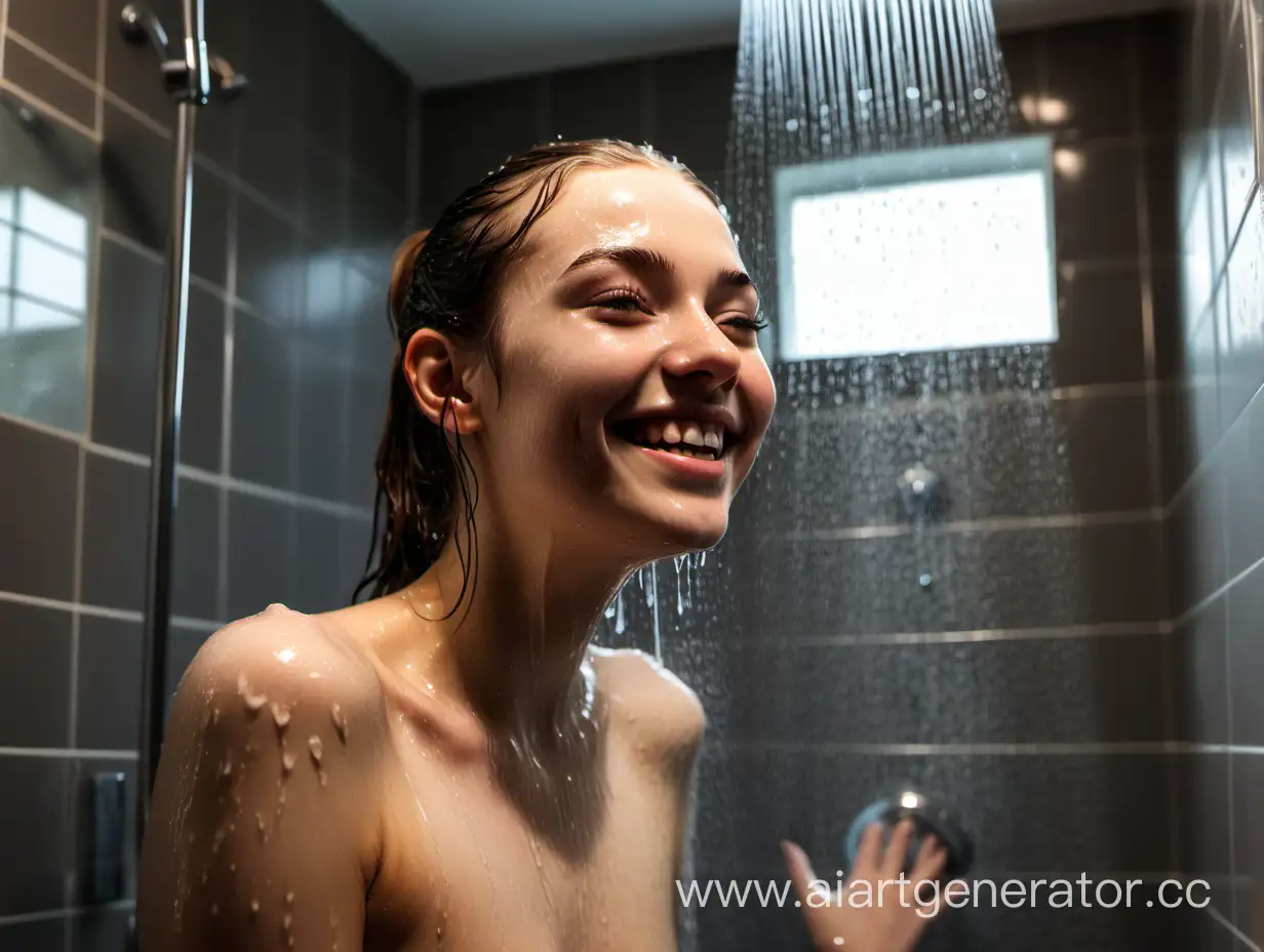 A highly realistic  image of a 22yo model showering all glass shower. No nudity. Face well lit. The girl caught a glimpse of the photographer and smile , shy
