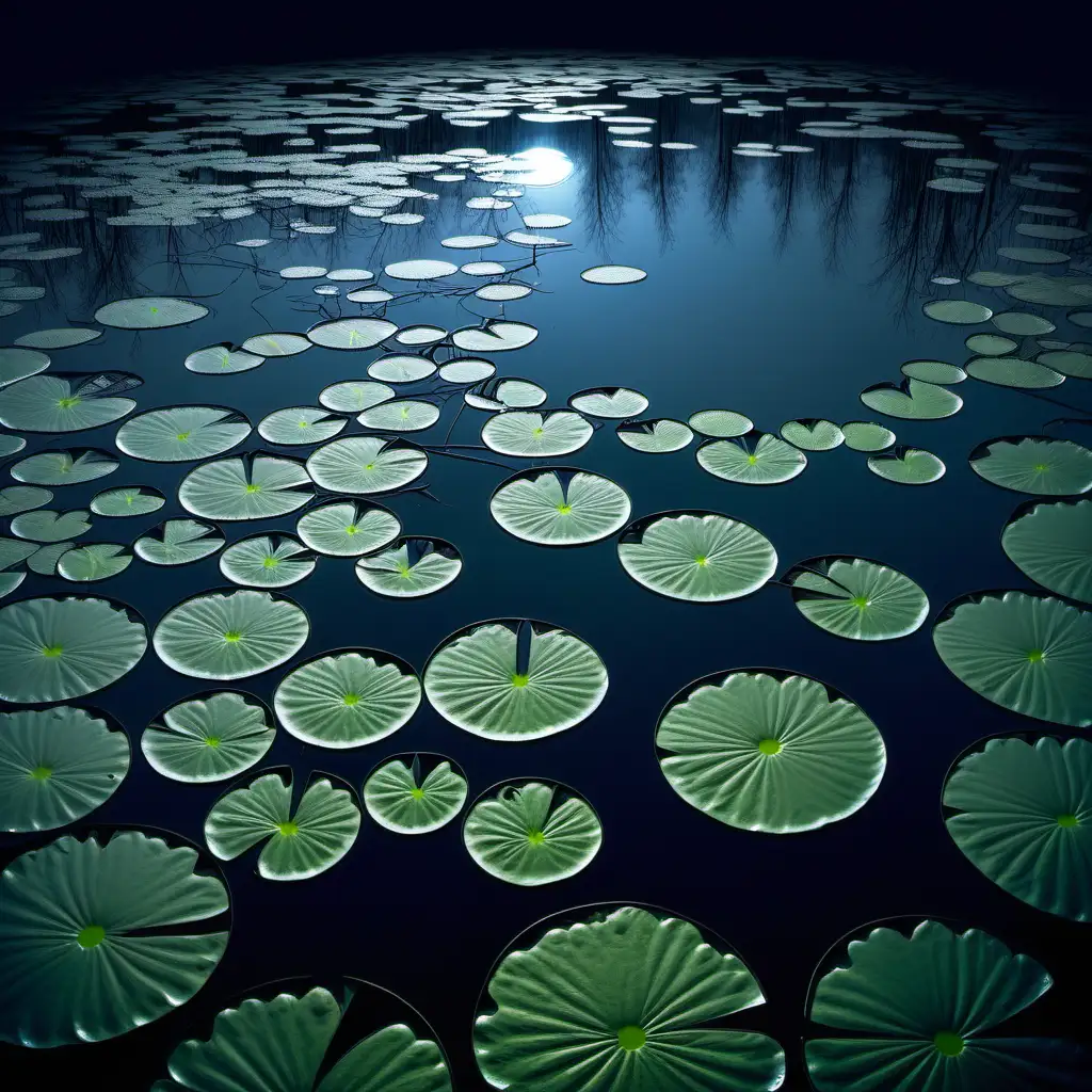 Enhanced detailed image of a lily pad lake in moonlight 