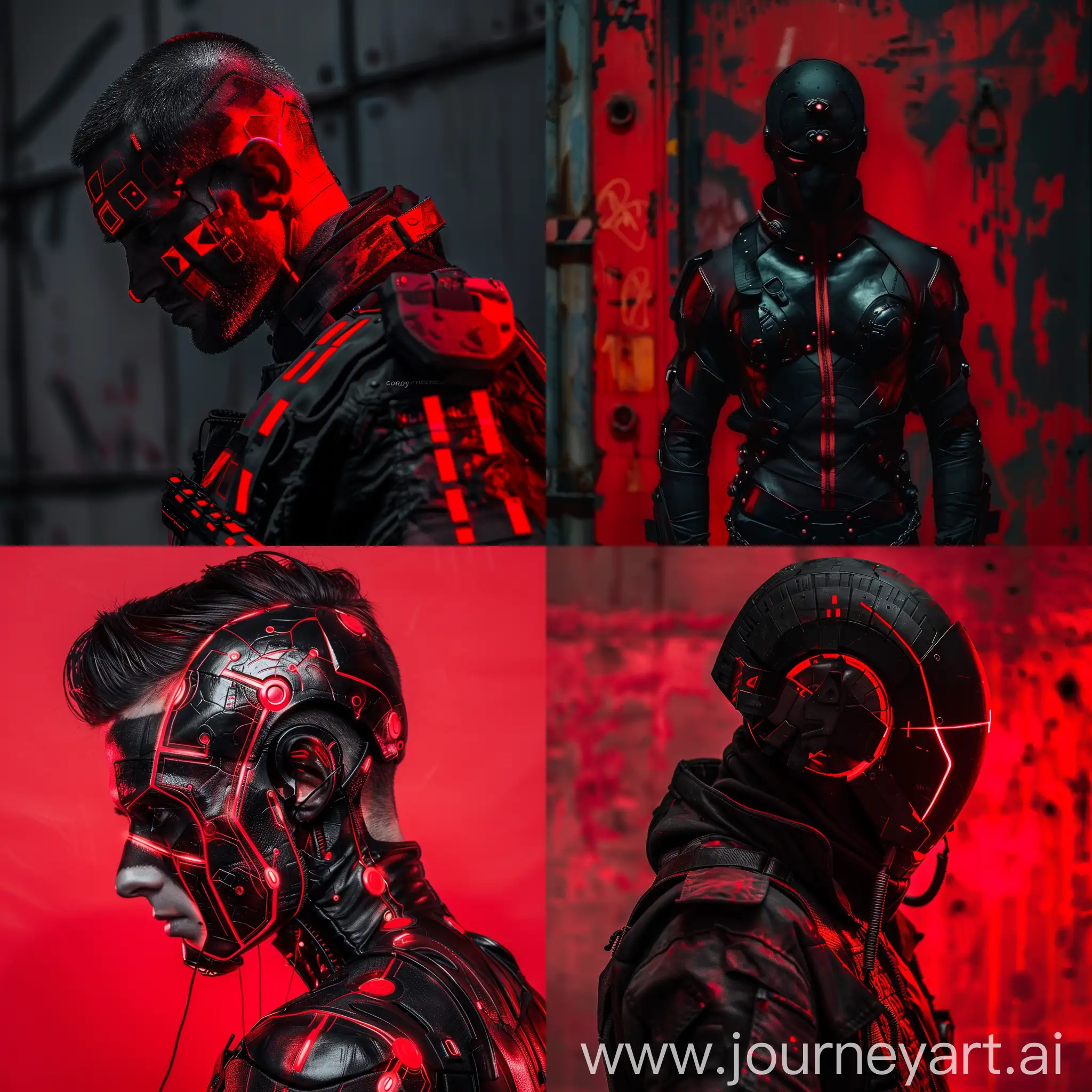 Man in the style of cyberpunkpunk, red and black, canon eos 5d mark iv, realistic forms, dc comics, industrial photography, angura ke.