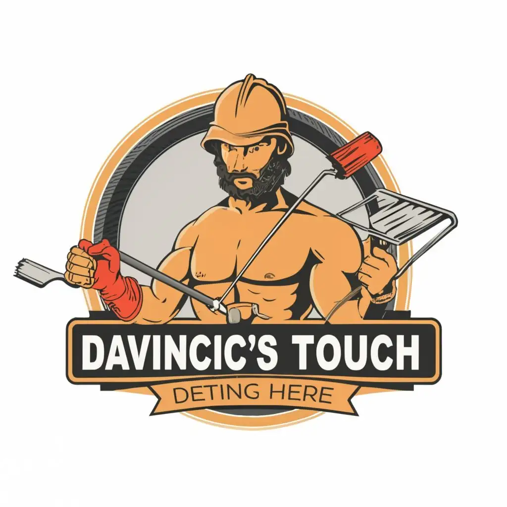 logo, Vitruvian Man holding paint brush, roller, and putty knife, with the text "DaVinci's Touch", typography, be used in Construction industry