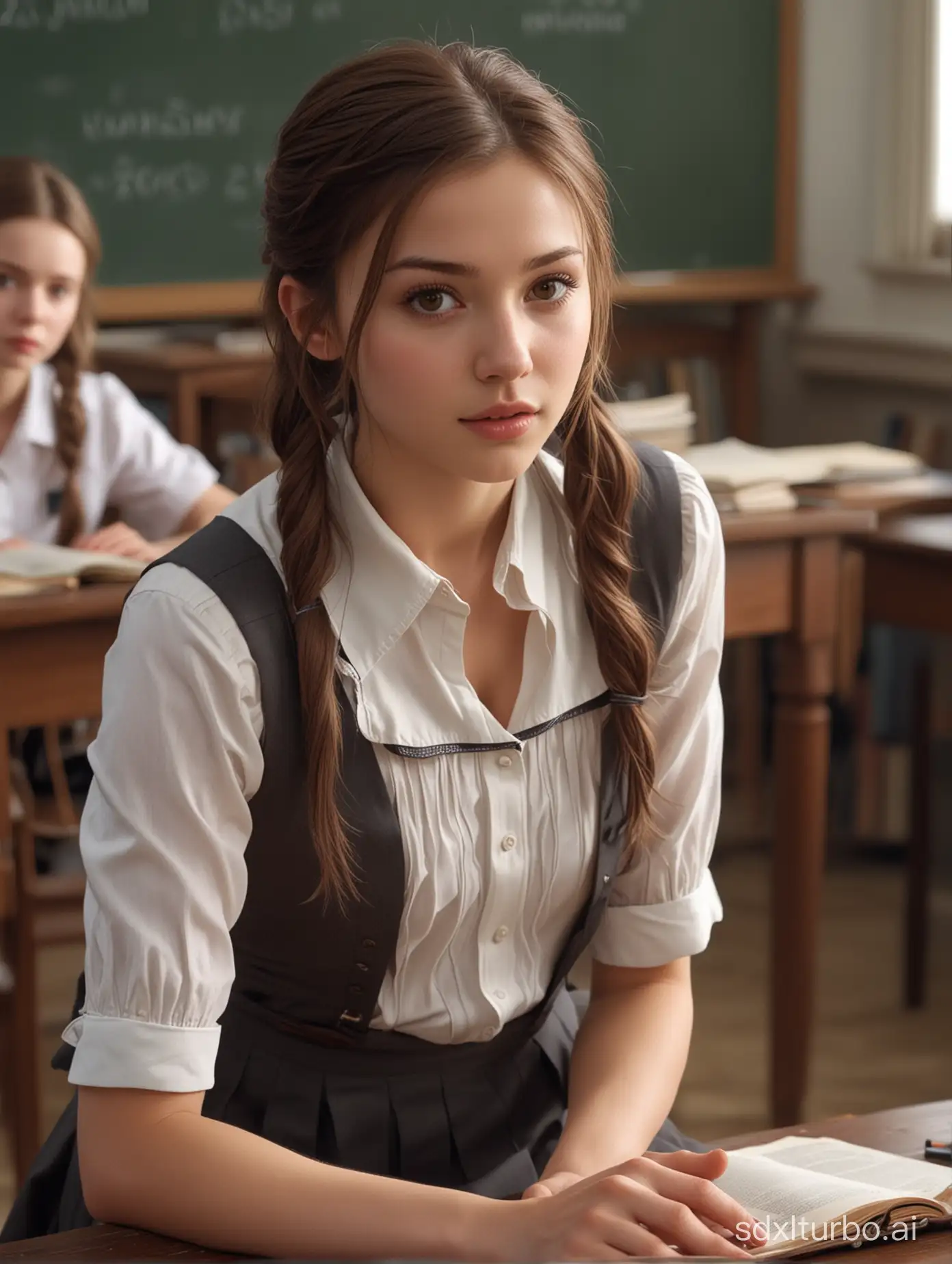 Best exquisite masterpiece photorealistic movie ultra detailed. Woman (25 years old) is adorably pretty beautiful, natural feminine beauty, white skin, soft brunette hair, brown eyes, hourglass figure, wearing schoolgirl uniform, shambolic dishevelled appearance, sweat, kneeling in a classroom, wide shot,