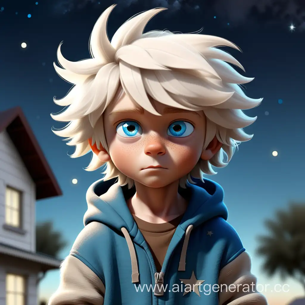 Curious-4YearOld-Boy-Gazes-at-Stars-in-Blue-Hoodie-and-Brown-Shorts