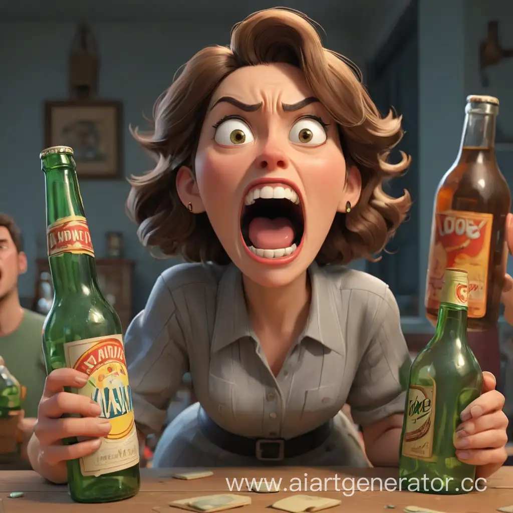 Animated-Woman-Shocked-Holding-Bottles-at-Man-in-3D-Illustration