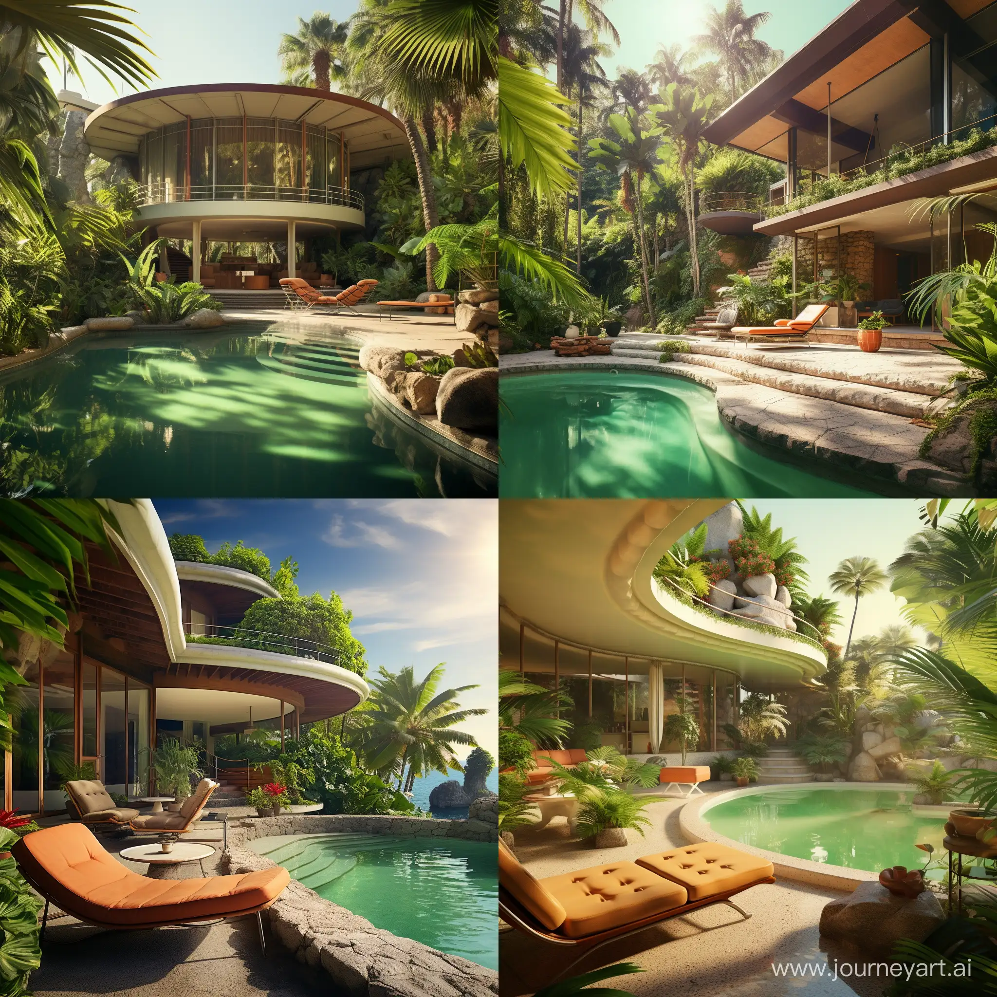Visually stunning and architecturally sophisticated images embodying the mid-century modern style influenced by the works of Frank Lloyd Wright, John Lautner and Ludwig Mies Van De Rohe. The setting for this architectural marvel should be a paradise tropical landscape, with lush vegetation, serene waters, and an overall atmosphere of tranquility. 8K, HQ.