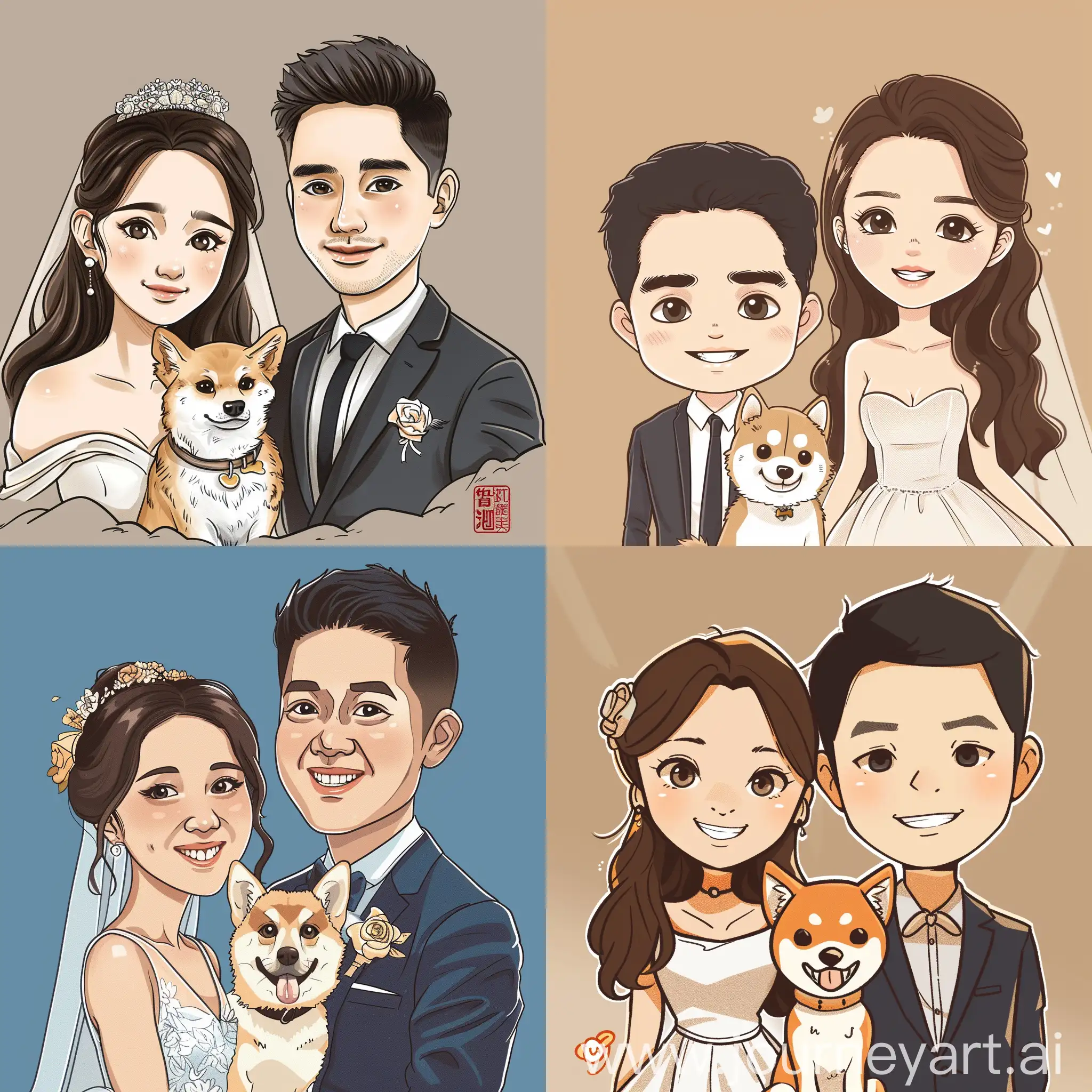 can you generate a cartoon with simple drawing or sketches of me and my husband in wedding dress and our shiba dog. We are both young Chinese. We want to put a family thumbnail to our wedding card. Thank you.