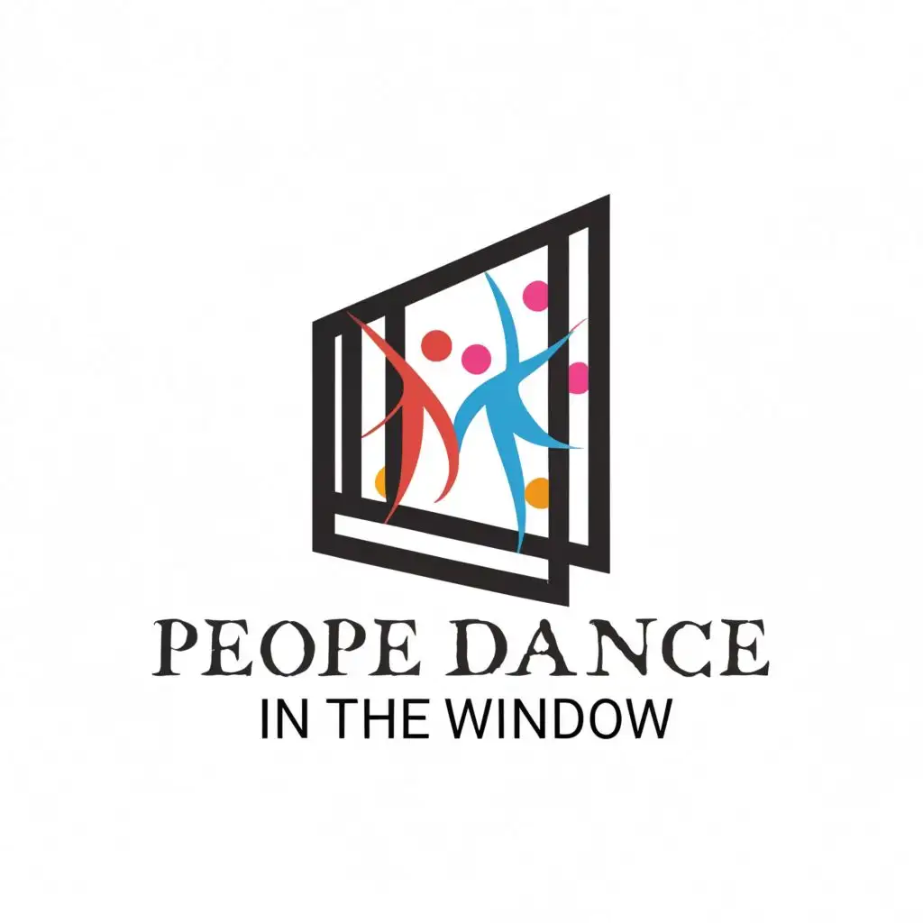 a logo design,with the text "People dance in the window", main symbol:windows and siluettes of people dancing in them,Minimalistic,clear background