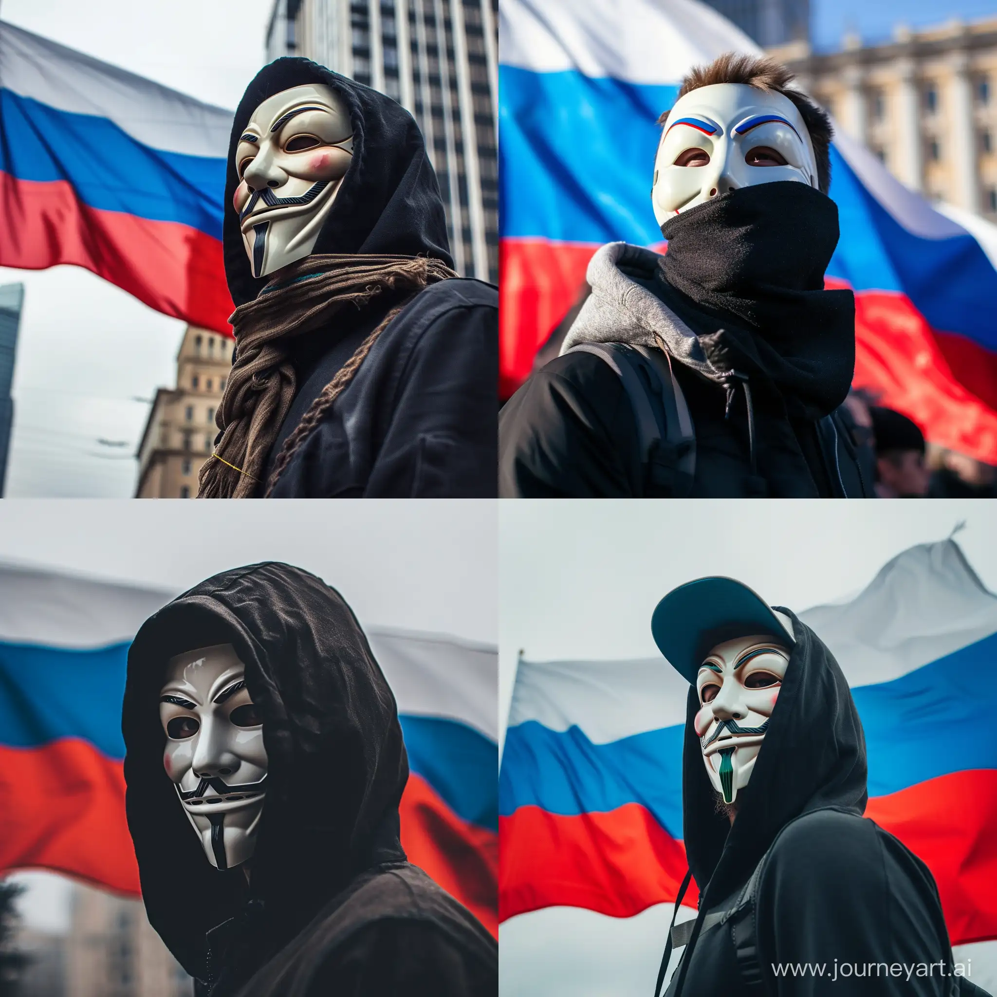 A man in an anonymous mask on the background of the Russian flag