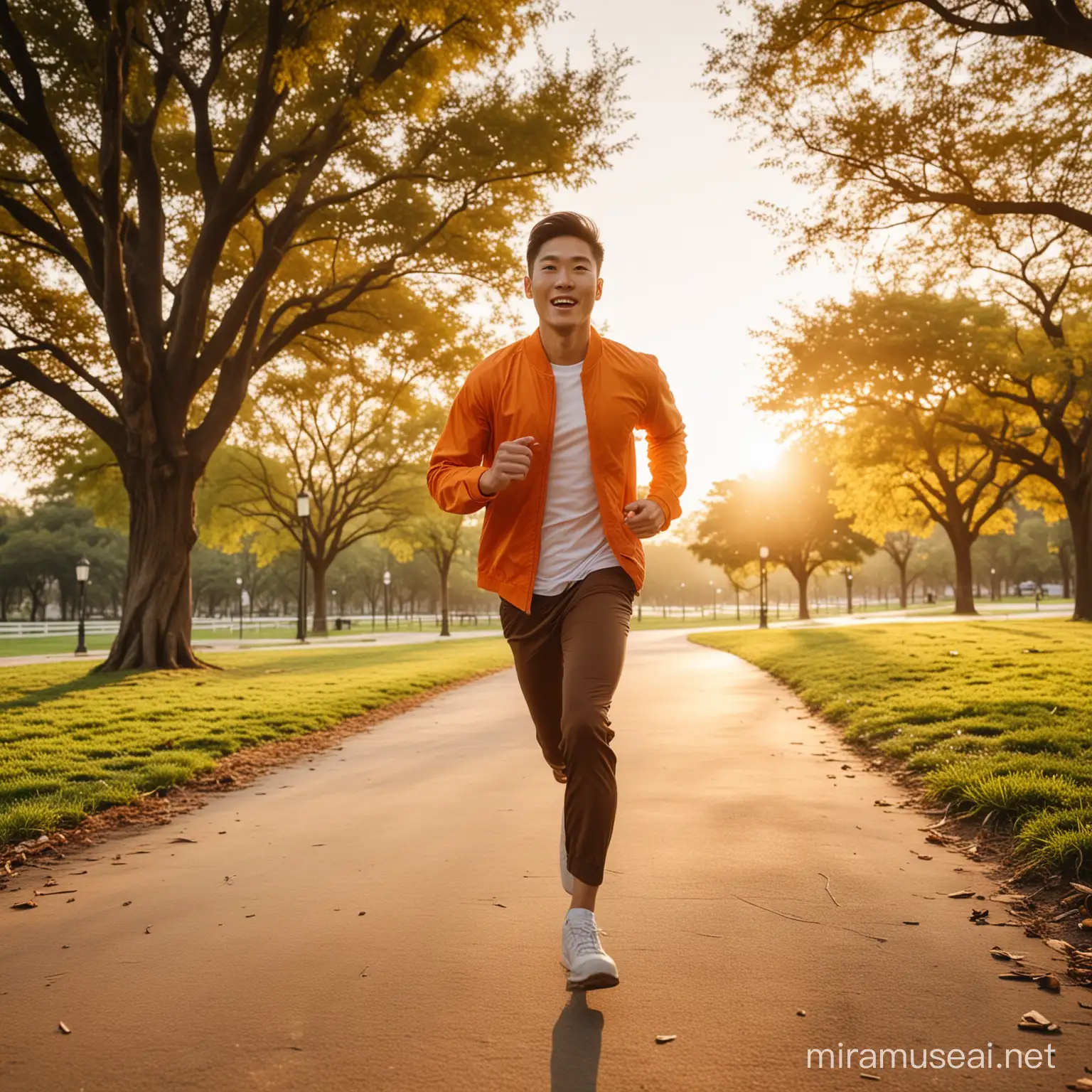 thiết kế cho tôi một chàng trai
 châu á mặc đồ tone cam, đang chạy bộ ở công viên, trong buổi chiều hoàng hôn với góc chụp rộng