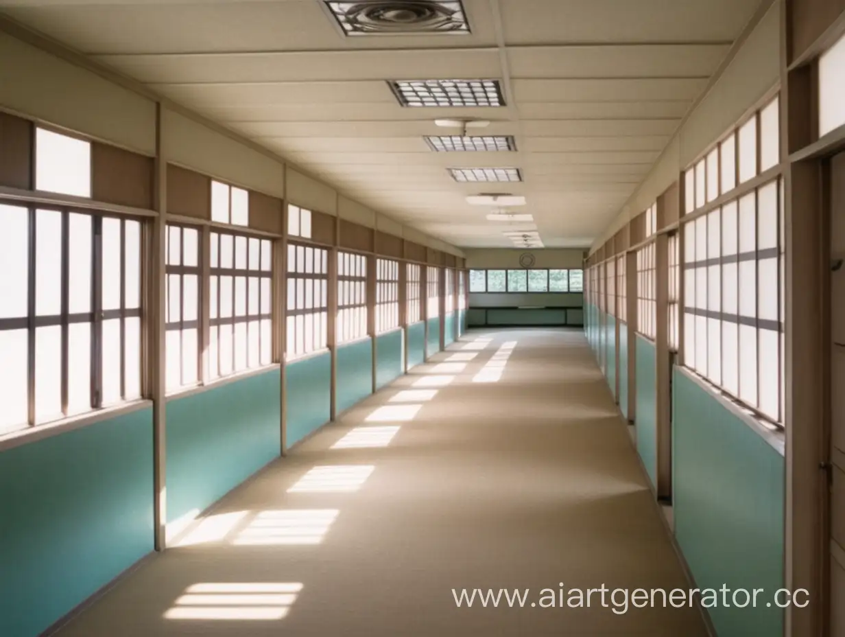 Пустой японский школьный коридор с окнами в стиле аниме