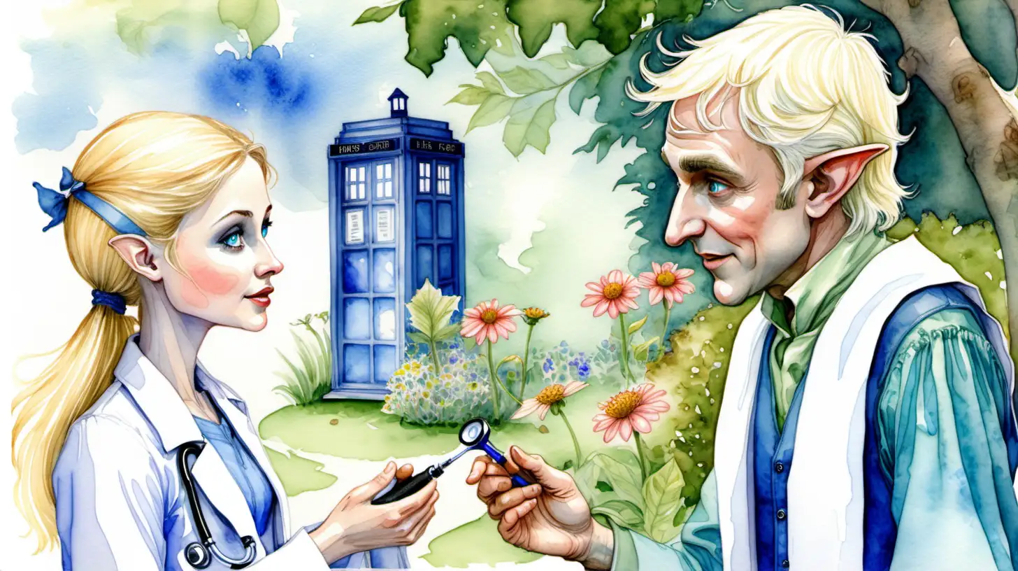 A watercolour fairytale style. In a garden  a blond blue-eyed middle-aged male elf  talking to a young blond blue-eyed female pixie doctor wearing a stethoscope

