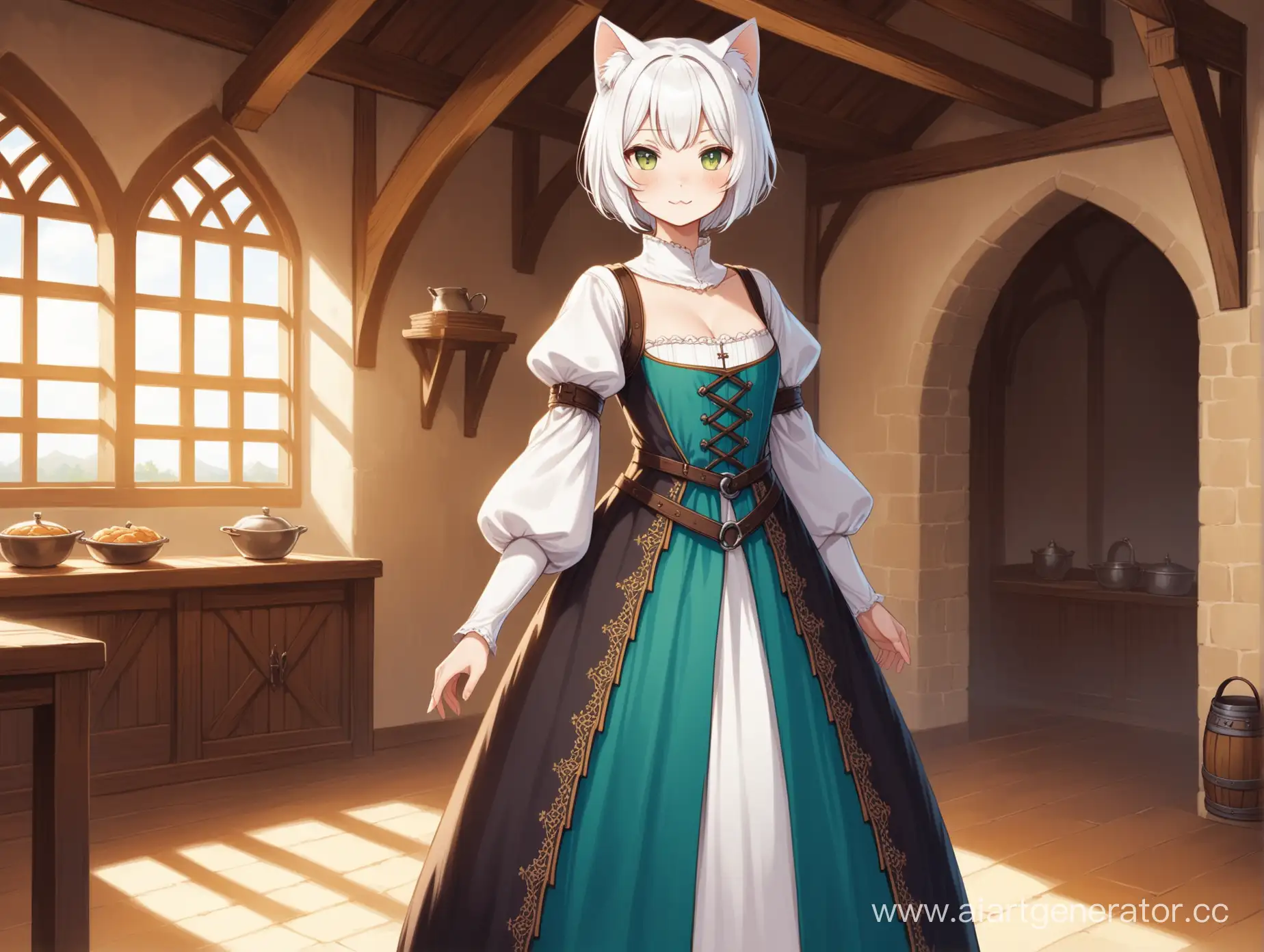 Medieval-Attired-Tall-Cat-Girl-in-White-Short-Hair-Inside-House