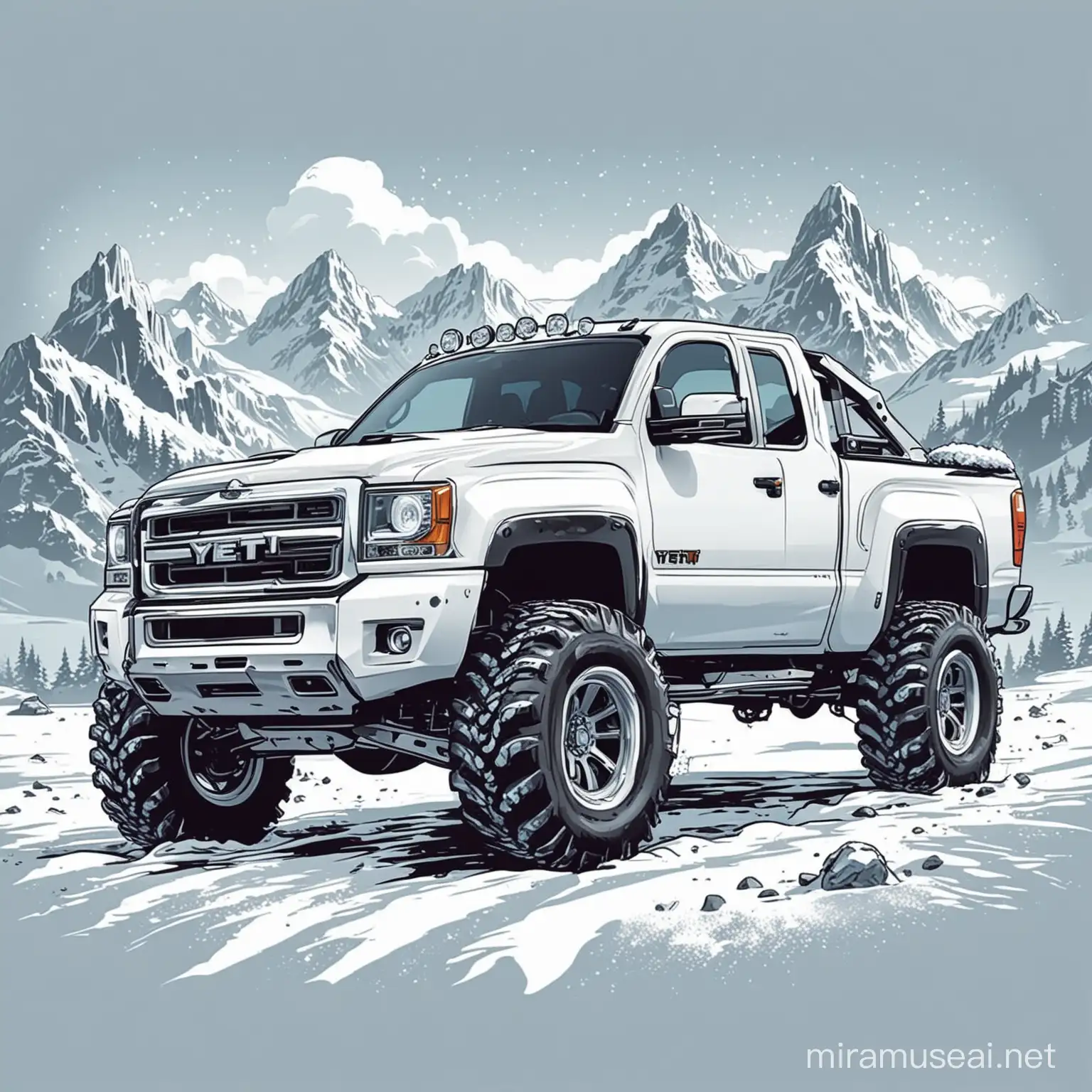 white pickup truck, in the snow, big yeti in the background, comic style, vector, image to print on tshirt