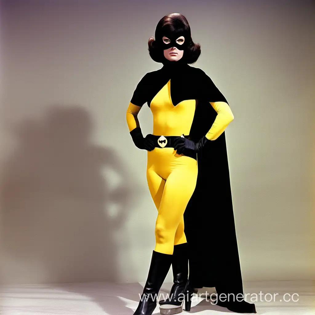 1966 superhero, woman yellow spandex, yellow tights, black cape, black belt, black gloves, black mask, black boots, black hair, color photo