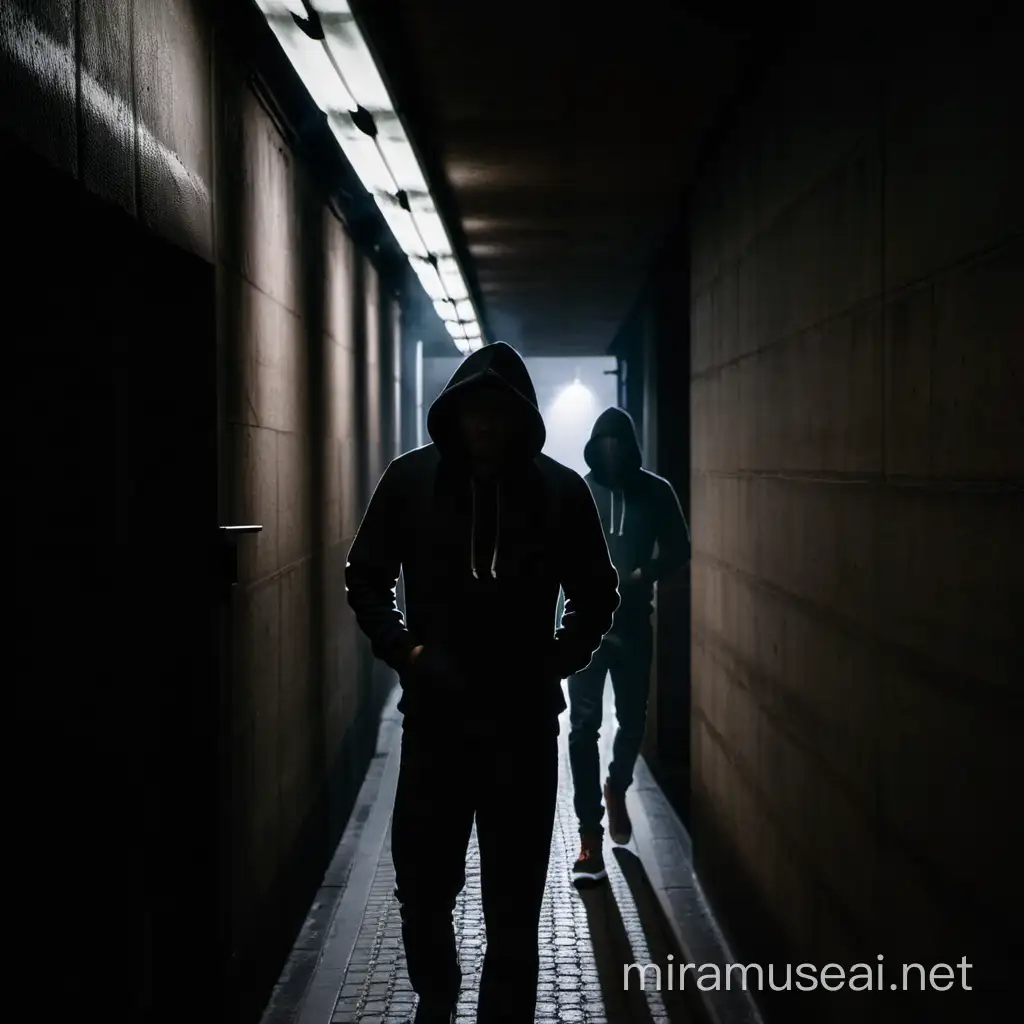 two male silhouettes in a dark brussels building passageway at night, gangster look wearing hoodies and baseball cap, one smoking a cigarette
