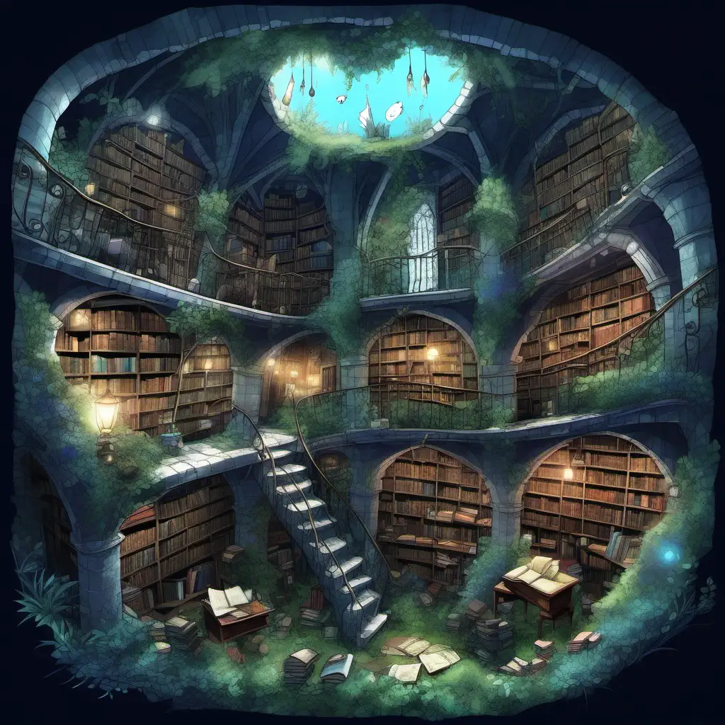 "big dark underground magical library" "ghibli style"; "gray ground"; "magic artifacts and machinery" "many different blue magic creatures everywhere";  little overgrown; ruins;  "view from top down angle" --no sunlight --no windows