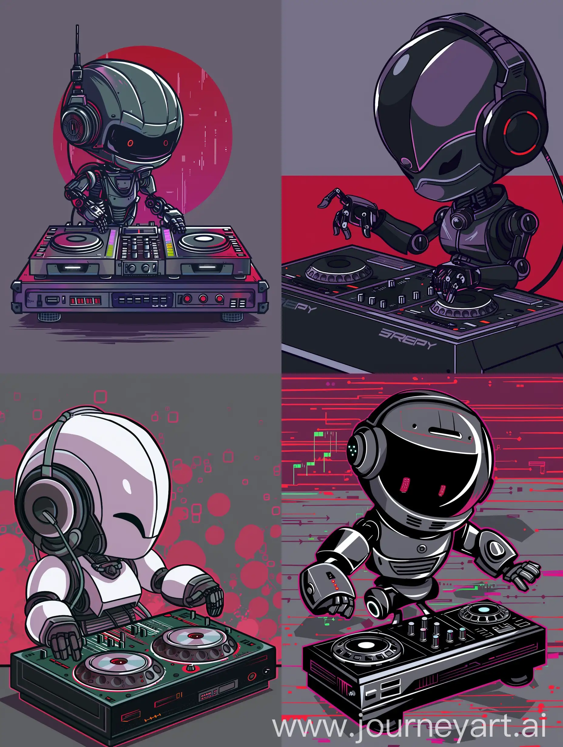 chibi anime robot playing dj, with grey red purple solid background, strong lines