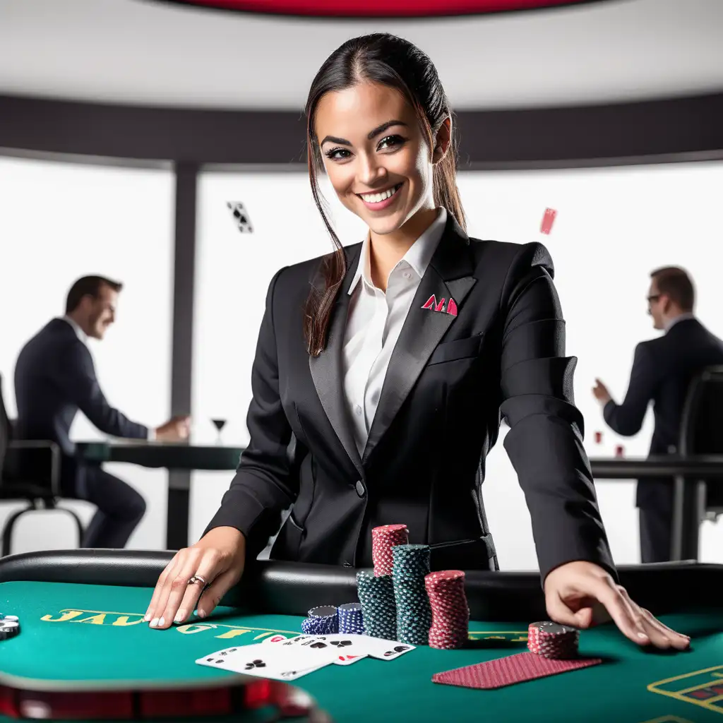 female blackjack dealer in professional attire smiling at someone passing by from her blackjack table on a white background