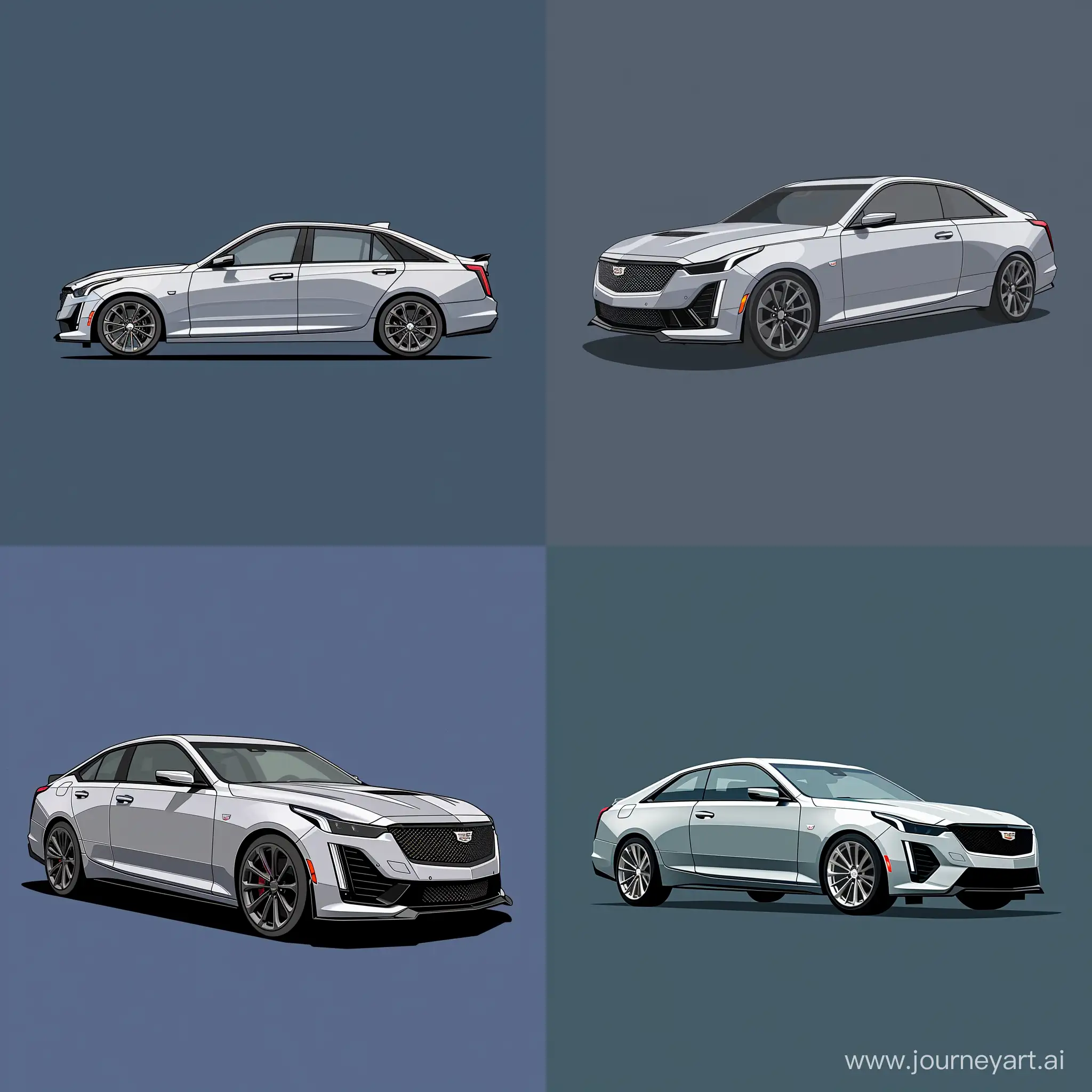 Minimalist 2D Photographing the car at a 45 degree angle Illustration of: Silver Cadillac CT5, Simple Navy Blue Background, Adobe Illustrator Software, High Precision