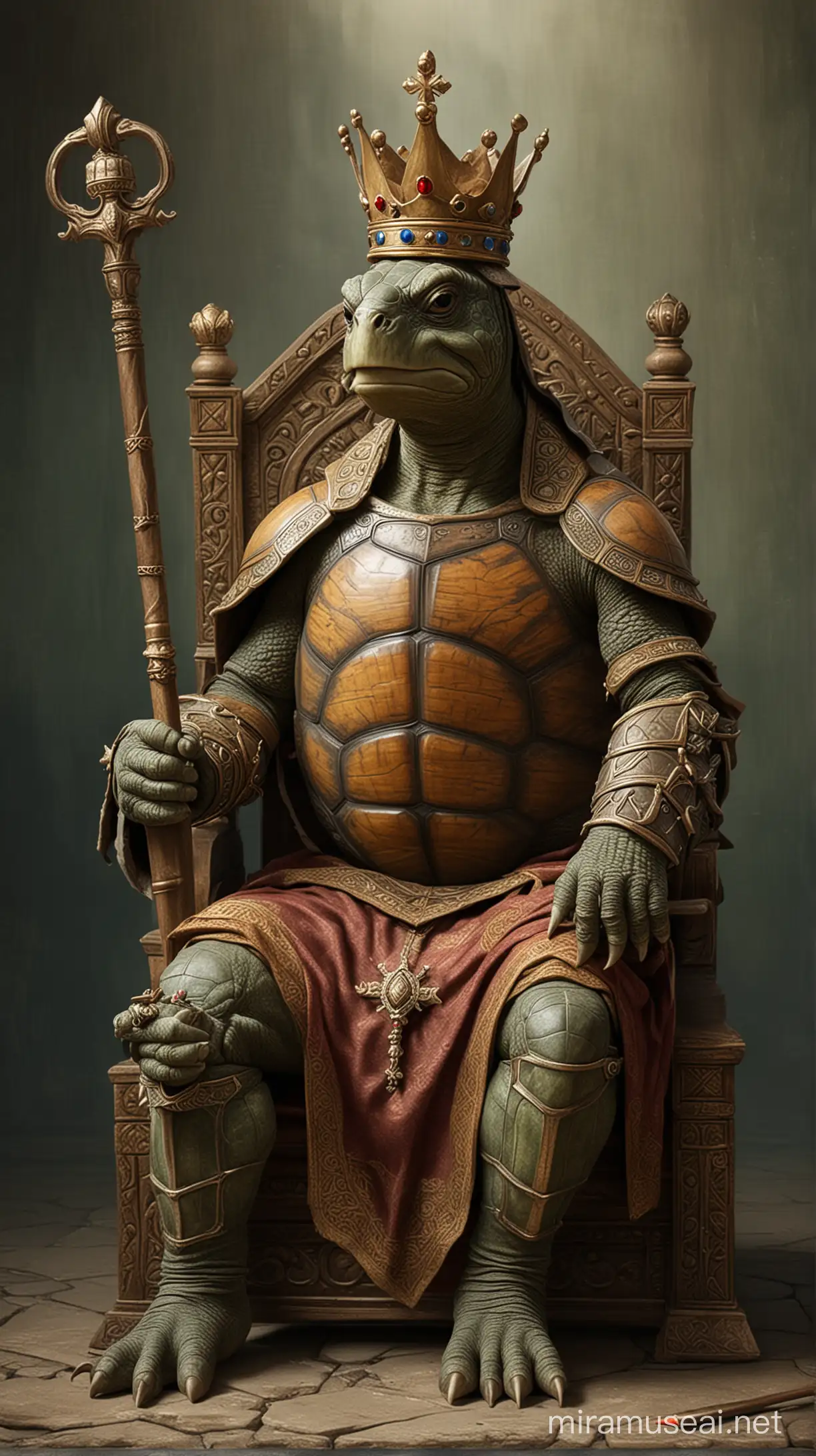 Roi tortue sur un trône avec une couronne et un sceptre. 