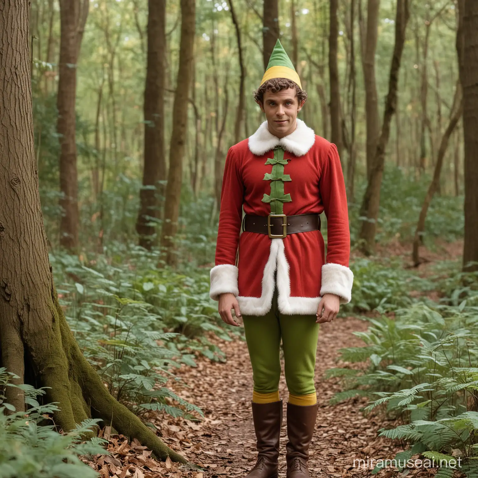 1950's movie themed elf in woods
