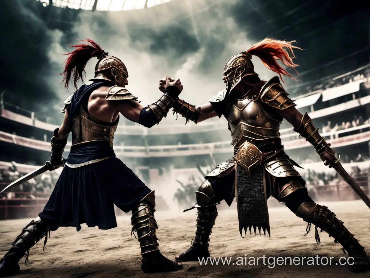 Two fantasy warriors in an arena fighting hand-to-hand