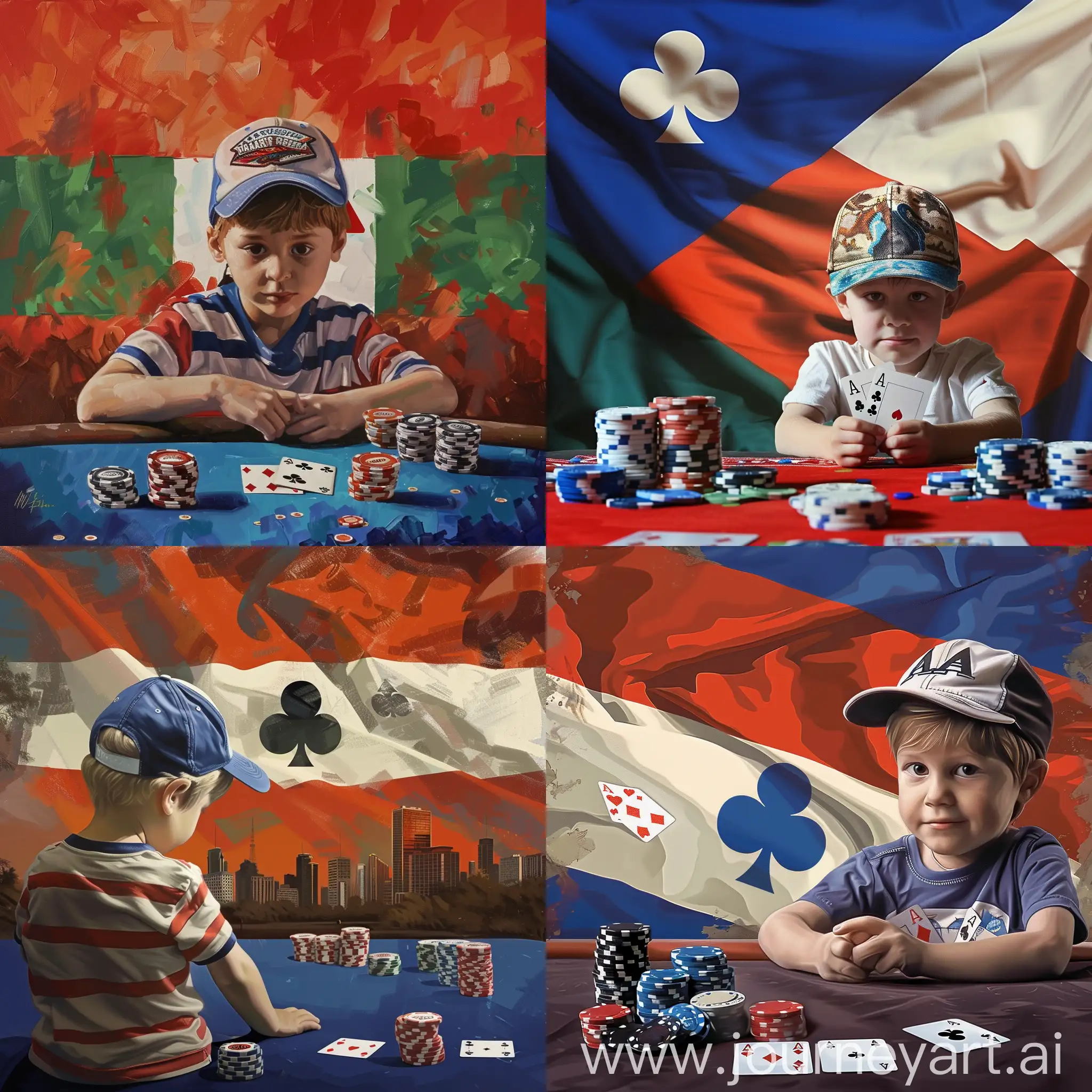 create an image of a Paraguay flag in the background in the centre of Asuncion with a young boy sat a poker table with two aces and loads of chips with a baseball cap on