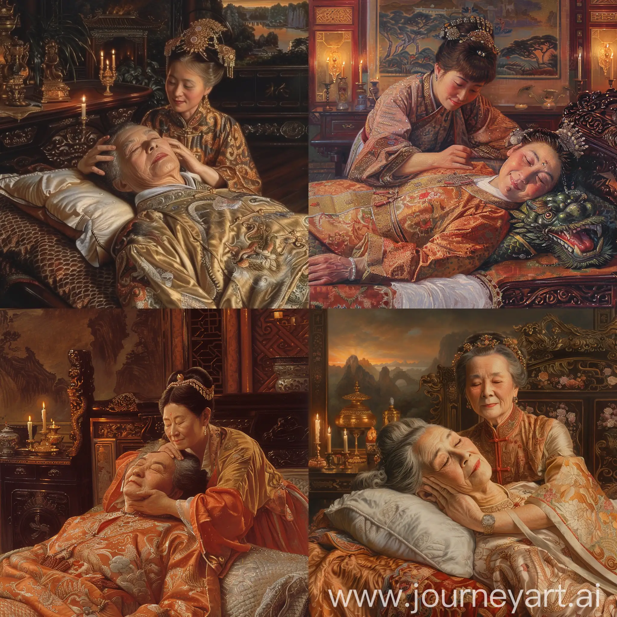 Luxurious-Scene-Empress-Dowager-Cixi-Resting-on-Dragon-Bed-with-Palace-Maid-Massaging-Her-Head