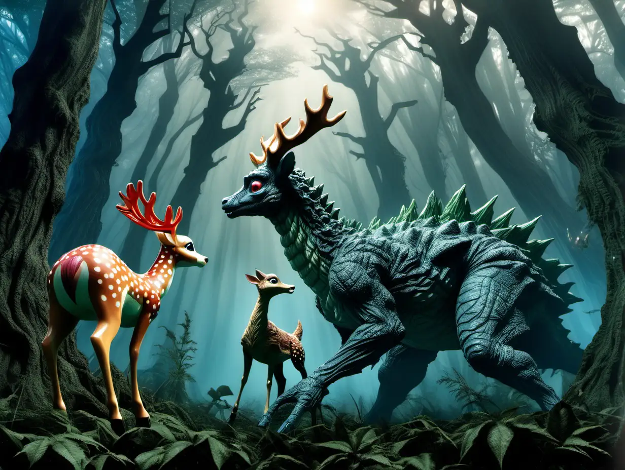 Bambi the deer vs Godzilla in an enchanted forest