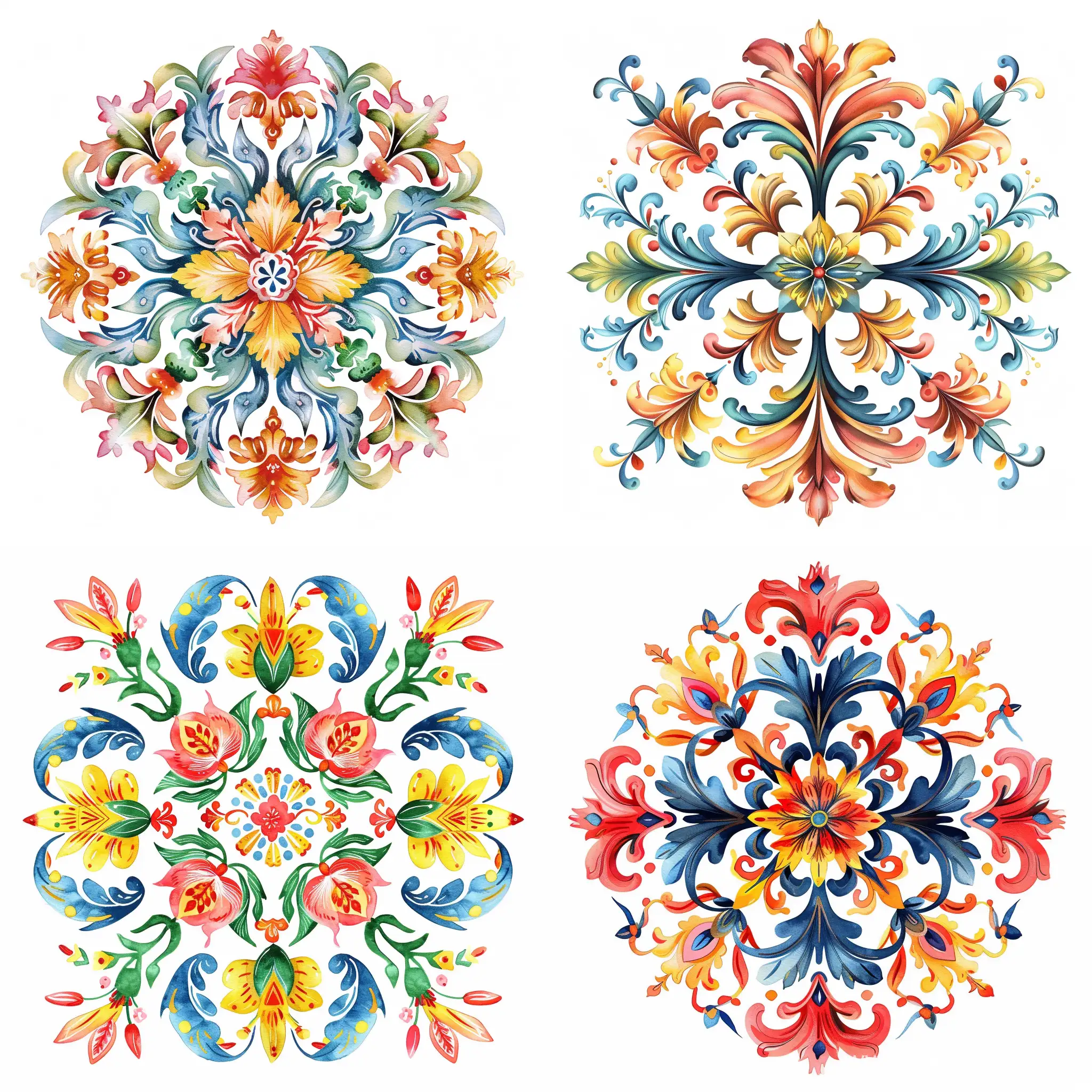 Symmetrical round ornament, with summer motifs, protruding peak elements, with an angle of 36 degrees, Baroque style, on a white background, vector cheerful style, watercolor, decorative, flat drawing