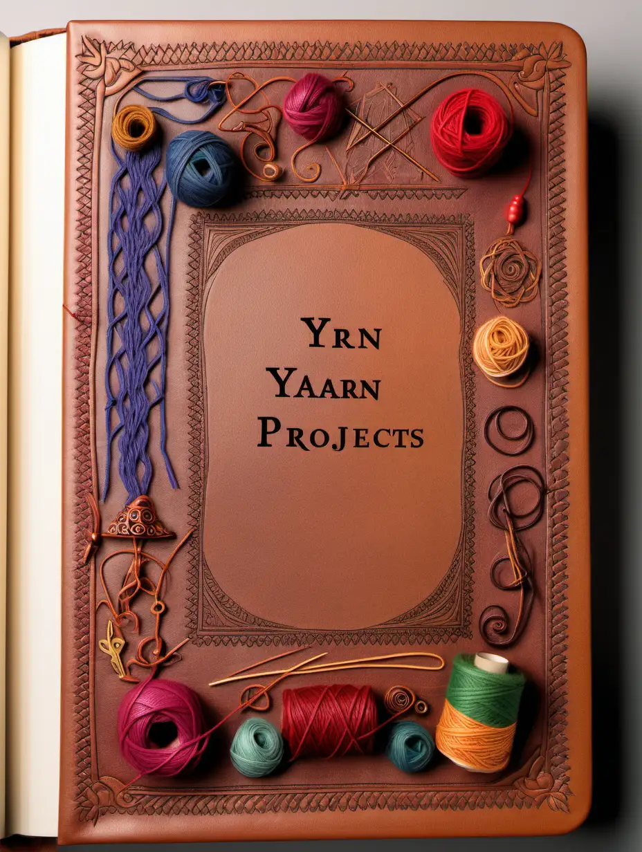 front aligned view of the narrow border of small designs on a blank book covered in leather in the theme "yarn projects"