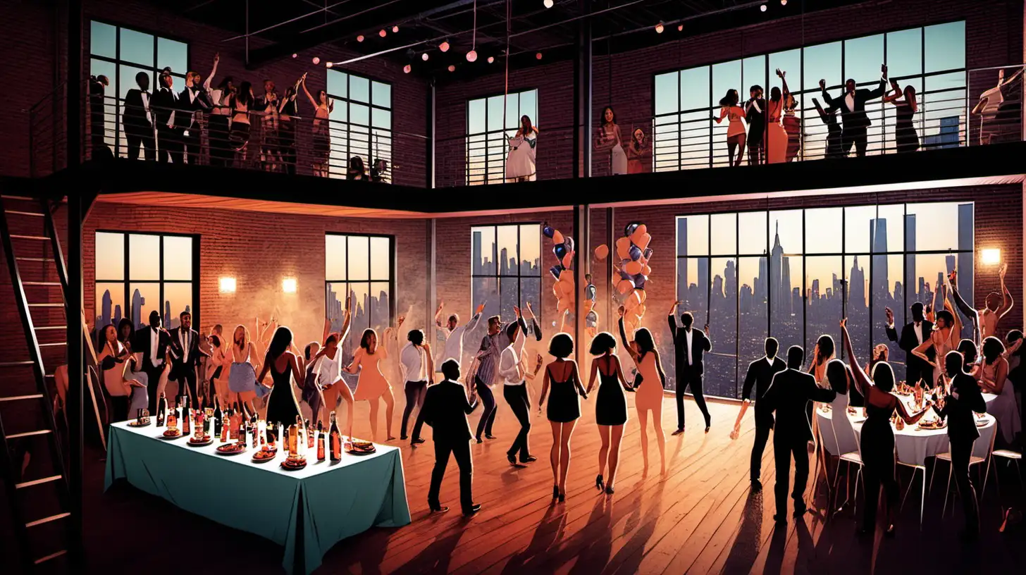 Vibrant Loft NYC Party Scene Illustration