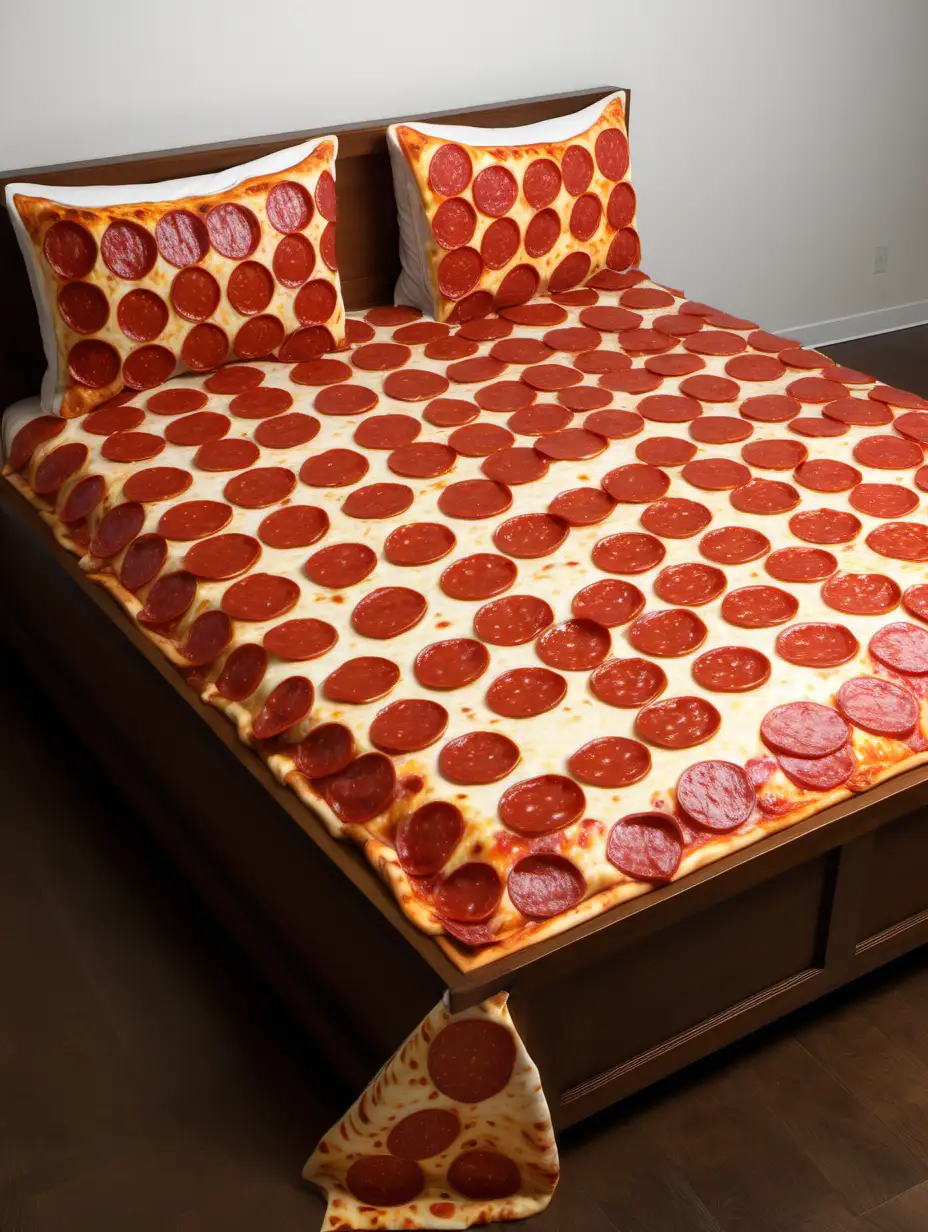 A queen bed, if the bedspread  and pillows were made out of pepperoni pizza