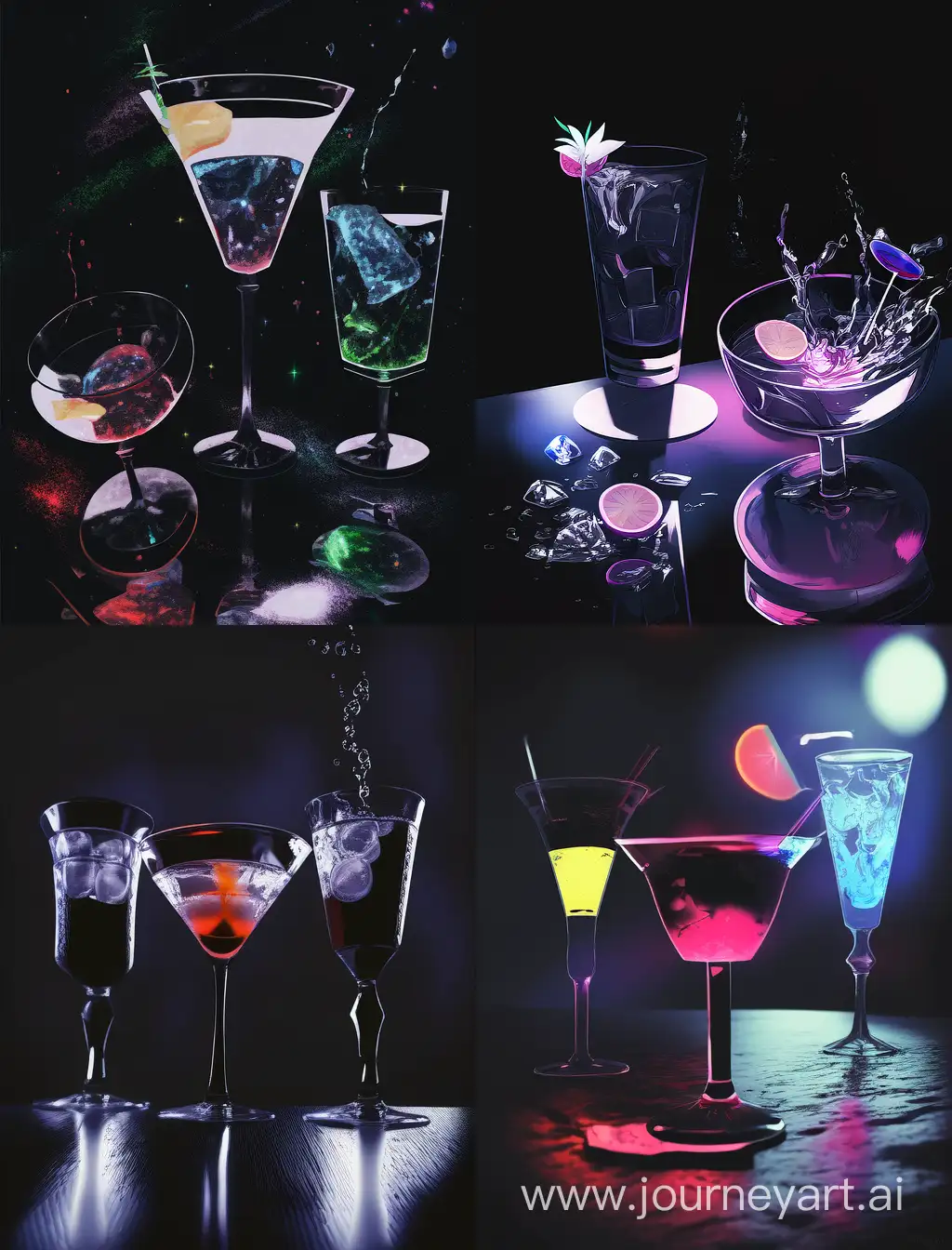 image of size as an a4 sheet. black background. in the center of the image a wet black table and on the table three glasses of cocktails.