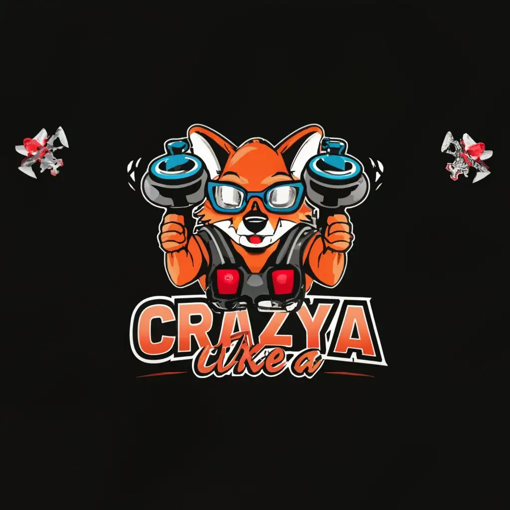 logo, Fox with FPV goggles and rc controller, with the text "CRAZY_LIKE_A", typography